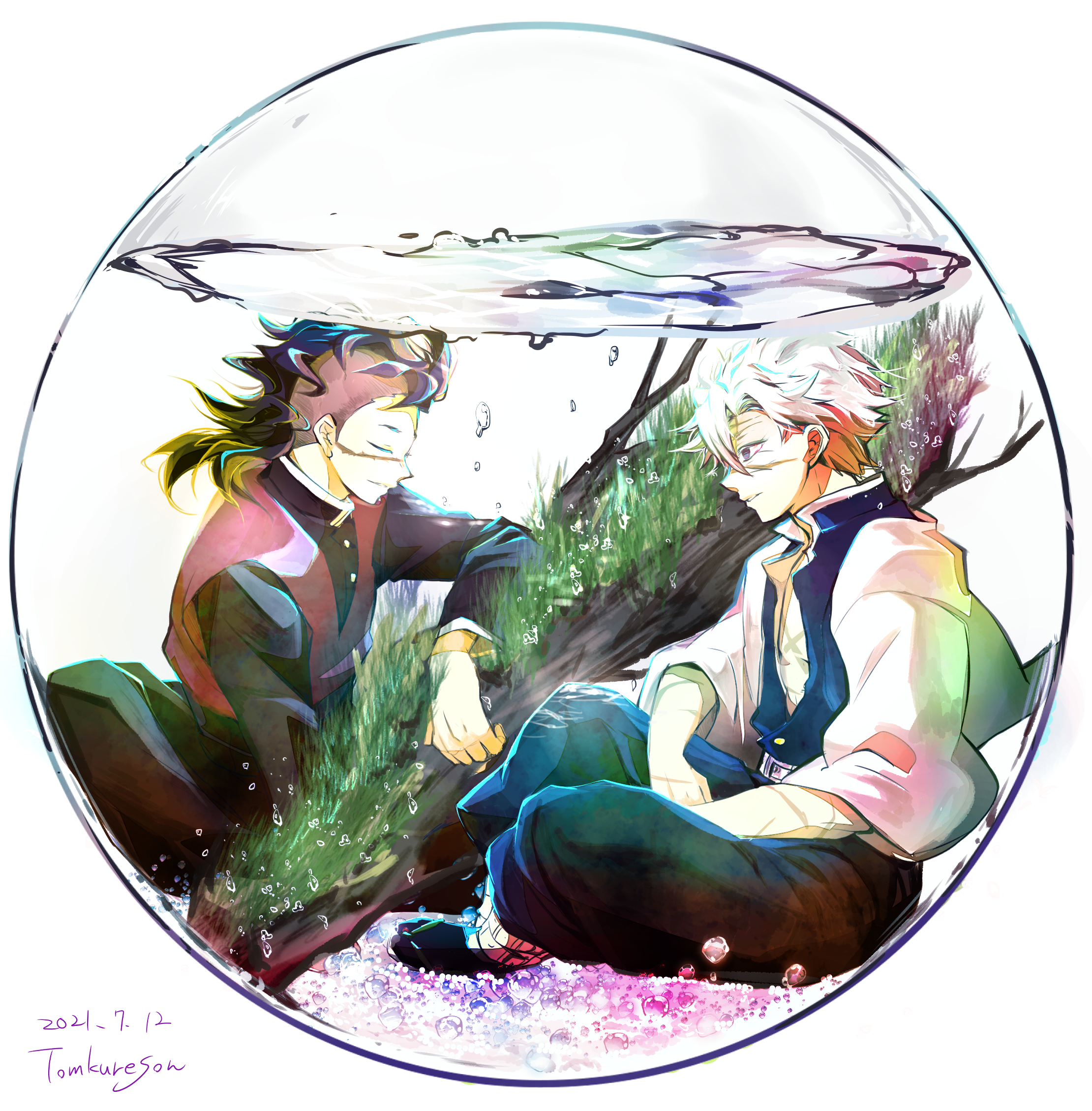 tomkureson, shinazugawa genya, shinazugawa sanemi, kimetsu no yaiba, highres, 2boys, air bubble, artist name, black pants, black shirt, branch, bubble, closed eyes, closed mouth, dated, fishbowl, full body, long sleeves, looking at another, male focus, multiple boys, pants, parted lips, scar, seaweed, shaved head, shirt, short hair, simple background, sitting, water, white background, white shirt
