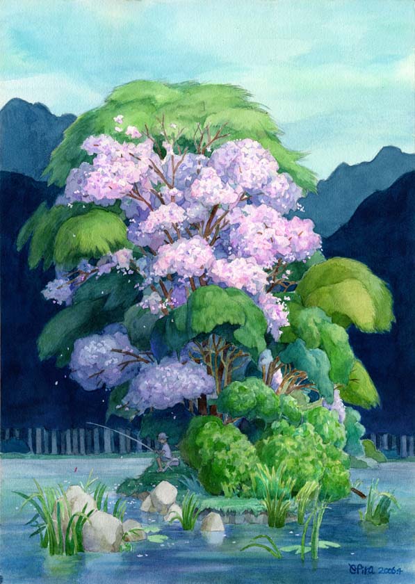 efira, original, 00s, 1boy, 2006, cherry blossoms, fishing, grey hat, hat, island, lily pad, male focus, nature, scenery, signature, sitting, solo, tree