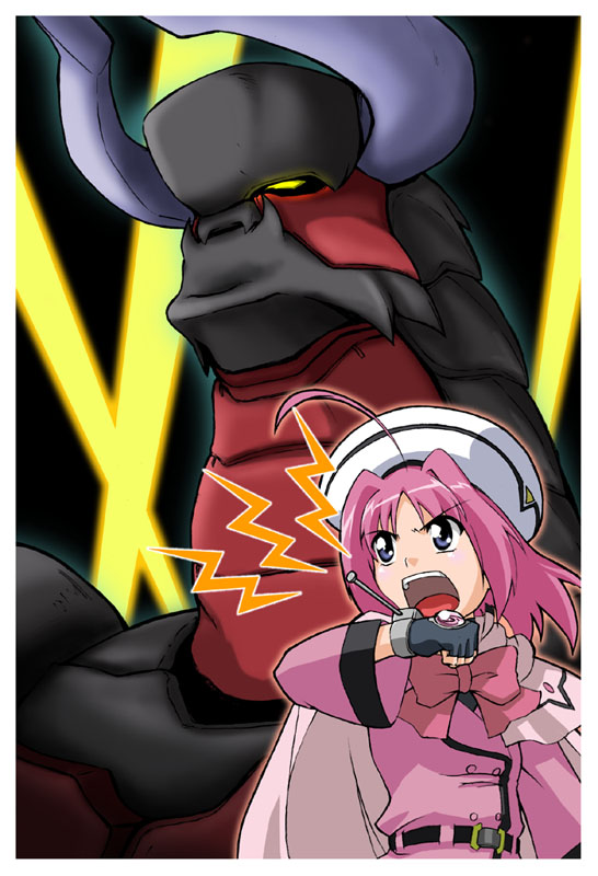 fujitama, fujitama (lose dog), caro ru lushe, kerykeion (nanoha), lyrical nanoha, mahou shoujo lyrical nanoha, mahou shoujo lyrical nanoha strikers, 00s, 1girl, ahoge, bow, female focus, hat, pink bow, pink hair, short hair, shouting, solo