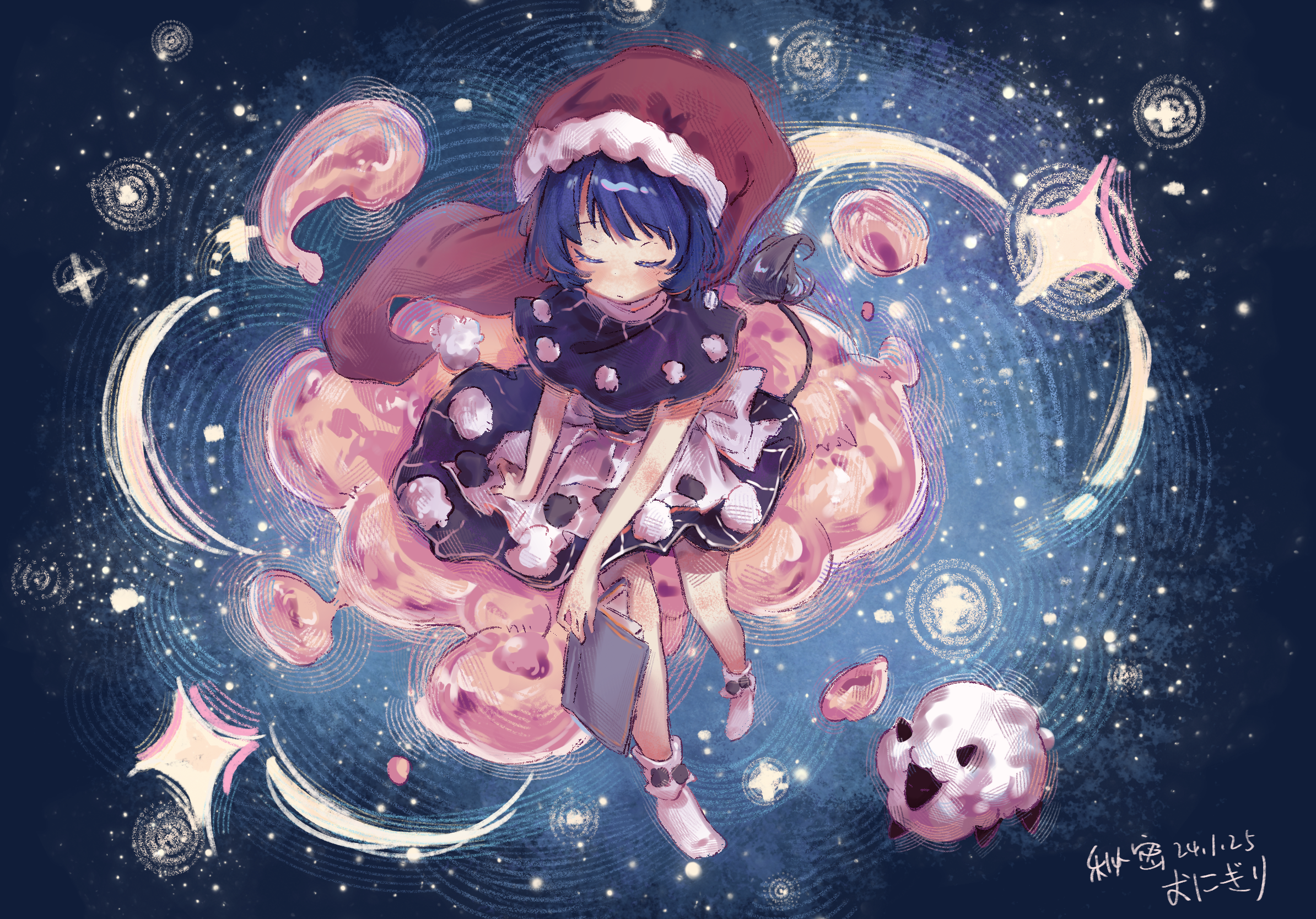himitsu onigiri, doremy sweet, touhou, commentary request, highres, 1girl, apron, back bow, black capelet, black skirt, blue background, blue hair, blush, book, bow, capelet, closed eyes, closed mouth, colored eyelashes, from above, fur-trimmed headwear, fur trim, hat, holding, holding book, light particles, nightcap, open book, pom pom (clothes), ripples, sheep, short hair, sitting, skirt, socks, solo, sparkle, tail, tapir girl, tapir tail, white apron, white bow, white socks