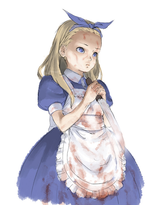 chyko, blonde hair, blood, blue eyes, dress, knife, long hair, solo