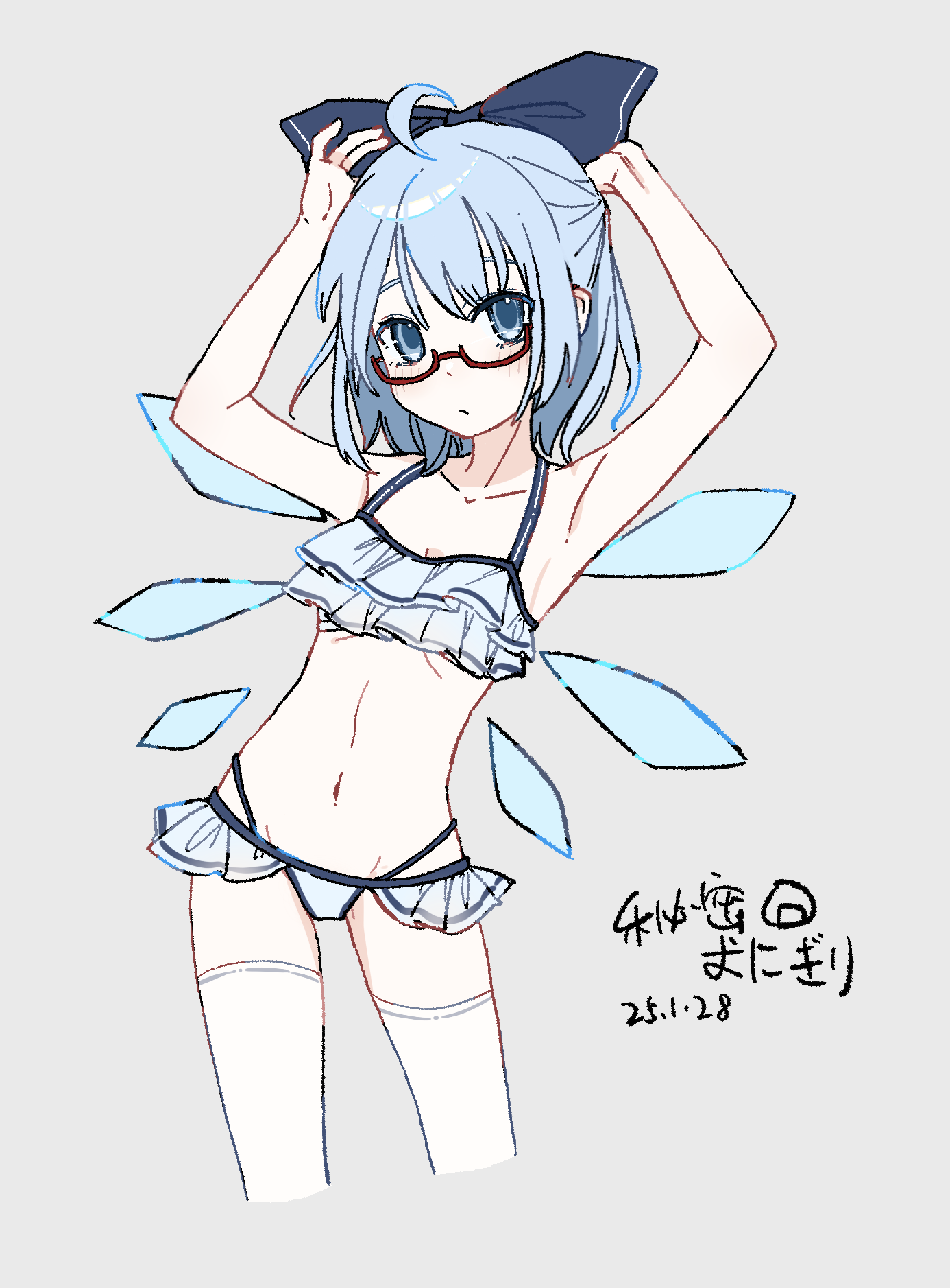 himitsu onigiri, cirno, touhou, commentary request, highres, 1girl, ahoge, armpits, arms up, bikini, bikini skirt, blue bikini, blue bow, blue eyes, blue hair, blue wings, bow, breasts, closed mouth, collarbone, cropped legs, frilled bikini, frills, hair bow, hands in own hair, light blush, navel, red-framed eyewear, small breasts, solo, stomach, swimsuit, thighhighs, thighs, white thighhighs, wings