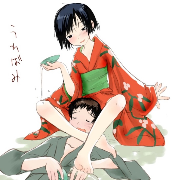 kashmir, renzu (mushishi), shinra (mushishi), mushishi, 1boy, 1girl, alcohol, barefoot, black hair, brown hair, closed eyes, cup, drunk, feet, flat chest, japanese clothes, kimono, leaning, leg lock, loli, sakazuki, sake, short hair, sleeping, toes