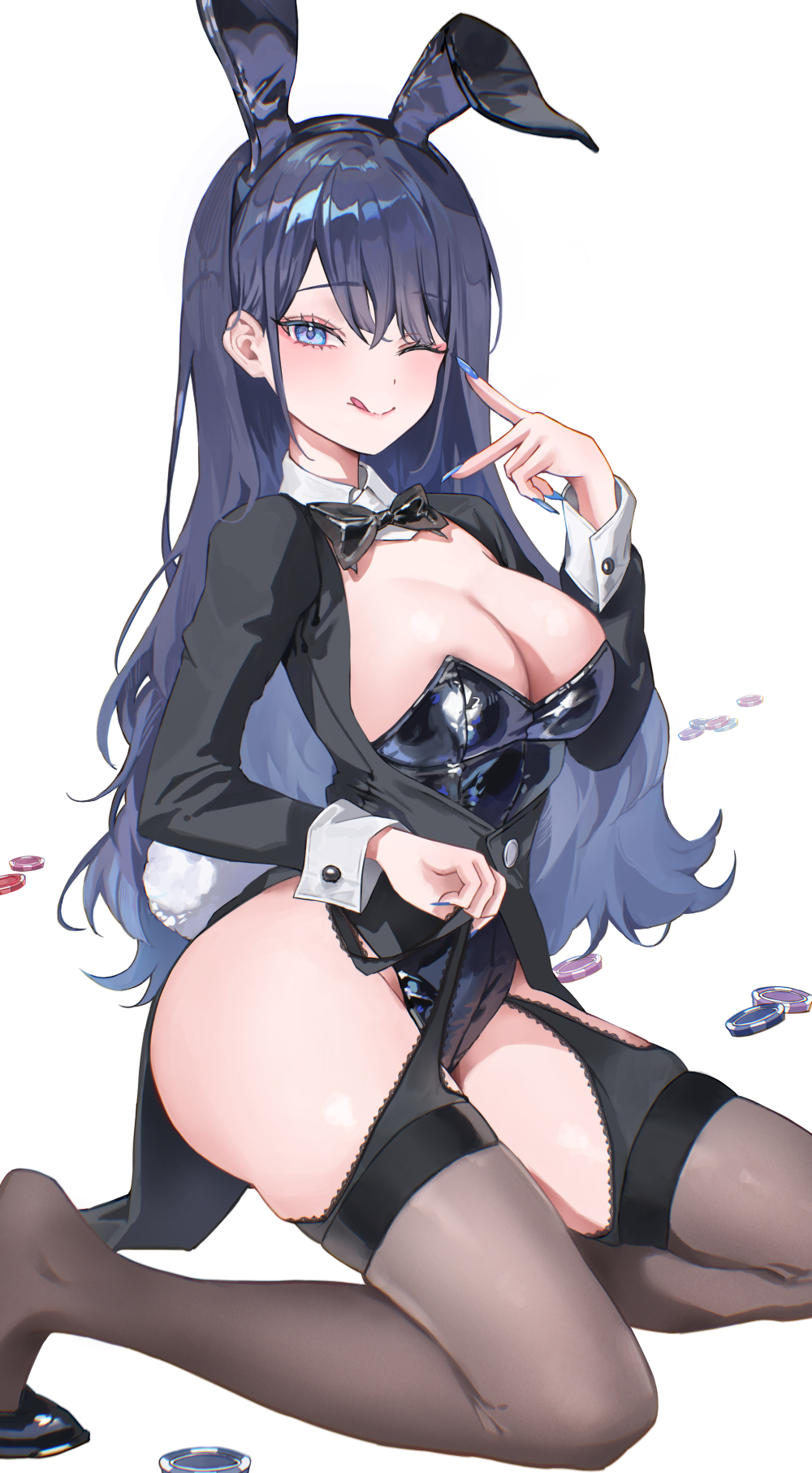 izayoi arisa, kitagawa marin, sono bisque doll wa koi wo suru, highres, 1girl, 3wata ame3, :q, animal ears, black bow, black bowtie, black jacket, black leotard, black thighhighs, blue eyes, blue hair, blue nails, bow, bowtie, breasts, cleavage, collar, dot nose, fake animal ears, fake tail, full body, hair behind ear, jacket, large breasts, leotard, licking lips, long hair, long sleeves, looking at viewer, nail polish, one eye closed, playboy bunny, poker chip, pulling own clothes, seiza, shiny leotard, simple background, sitting, solo, tail, thighhighs, tongue, tongue out, v, white background, white collar