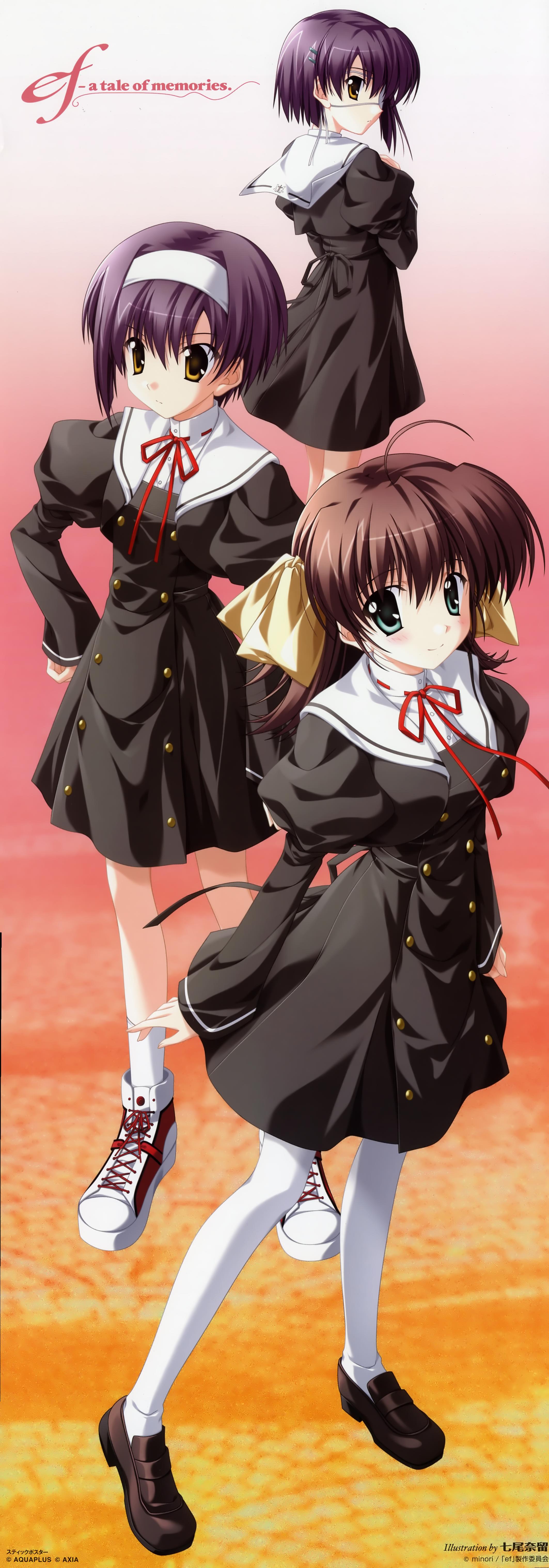 nanao naru, miyamura miyako, shindou chihiro, shindou kei (ef), ef (visual novel), absurdres, highres, long image, tall image, 00s, brown hair, eyepatch, hairband, pantyhose, purple hair, ribbon, school uniform, serafuku
