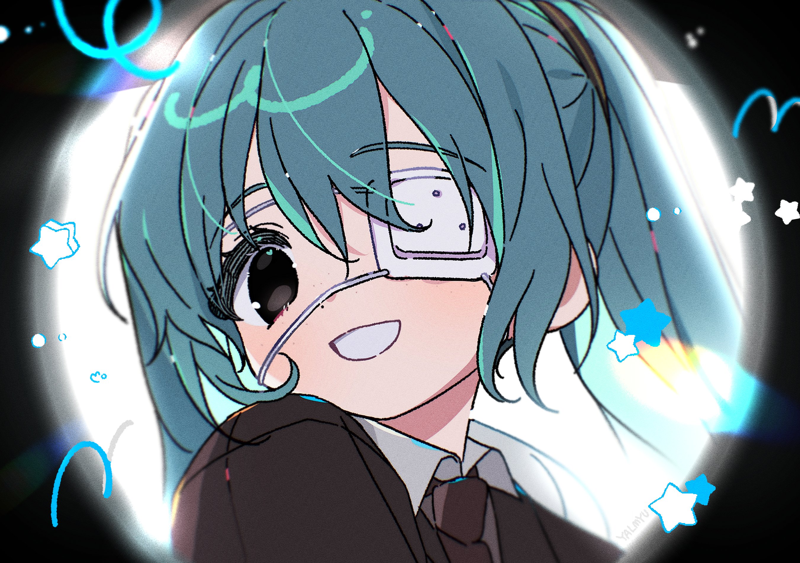 yalmyu, hatsune miku, monitoring (vocaloid), vocaloid, hashtag-only commentary, highres, 1girl, :d, blue hair, blush, brown eyes, brown jacket, brown necktie, eyepatch, grin, jacket, long hair, looking at viewer, necktie, open mouth, portrait, smile, solo, twintails, wing collar