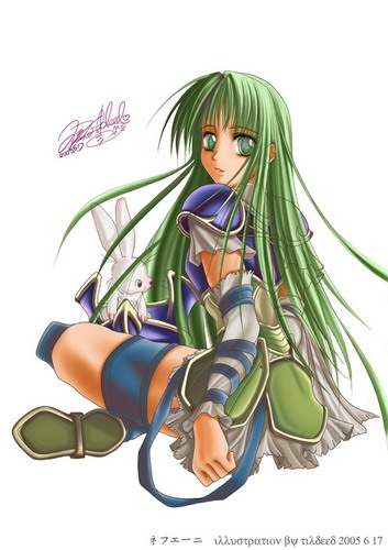 nephenee (fire emblem), fire emblem, fire emblem: path of radiance, fire emblem: radiant dawn, nintendo, lowres, 1girl, albino, animal, armor, blue armor, detached sleeves, female focus, full body, green eyes, green hair, indian style, long hair, looking at viewer, looking back, matching hair/eyes, no headwear, rabbit, red eyes, simple background, sitting, solo, spread legs, thigh strap, white background