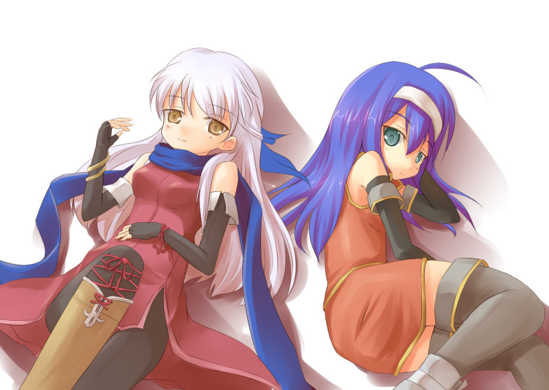 kuro (be ok), mia (fire emblem), micaiah (fire emblem), fire emblem, fire emblem: radiant dawn, nintendo, black legwear, silver hair, 2girls, bare shoulders, black gloves, blue hair, blue scarf, dress, elbow gloves, gloves, green eyes, hair ribbon, half updo, lying, multiple girls, on back, pantyhose, ribbon, scarf, side slit, sleeveless, sleeveless dress, thighhighs, yellow eyes