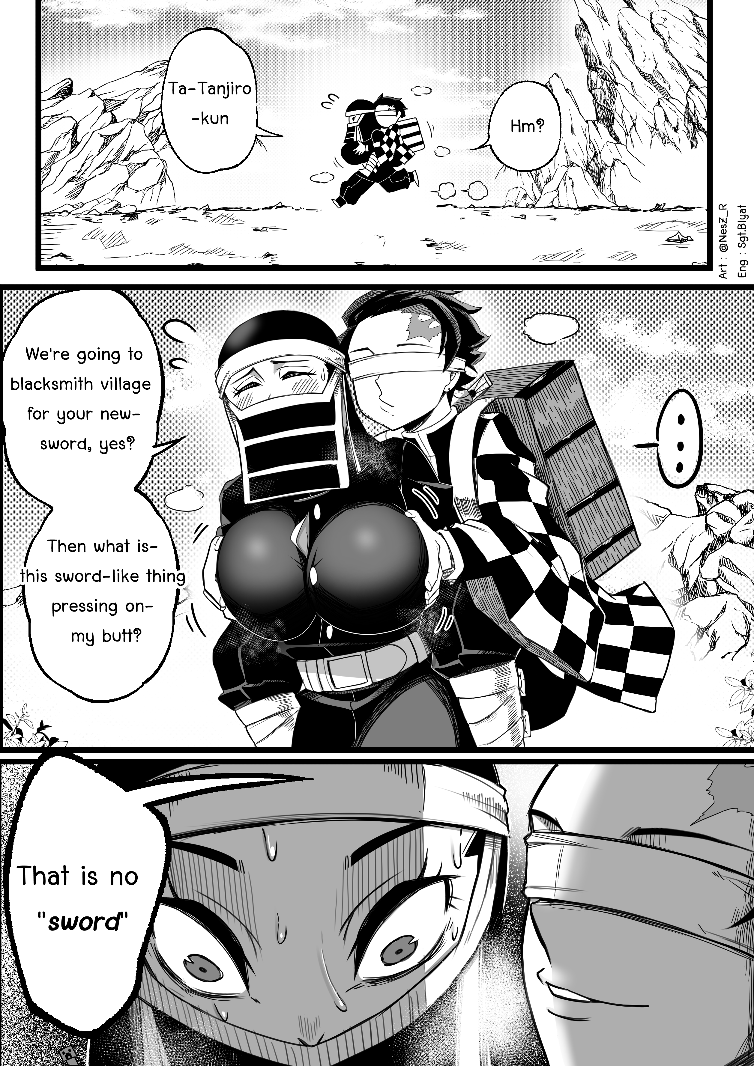 nesz r, kakushi (kimetsu no yaiba), kamado tanjirou, kimetsu no yaiba, absurdres, highres, 1boy, 1girl, 2koma, armor, belt, blindfold, blush, breasts, carrying, checkered clothes, comic, grabbing another's breast, greyscale, groping, haori, hat, heavy breathing, japanese armor, japanese clothes, large breasts, long sleeves, monochrome, outdoors, piggyback, puffy long sleeves, puffy sleeves, running, scar, scar on face, scar on forehead, speech bubble, veil