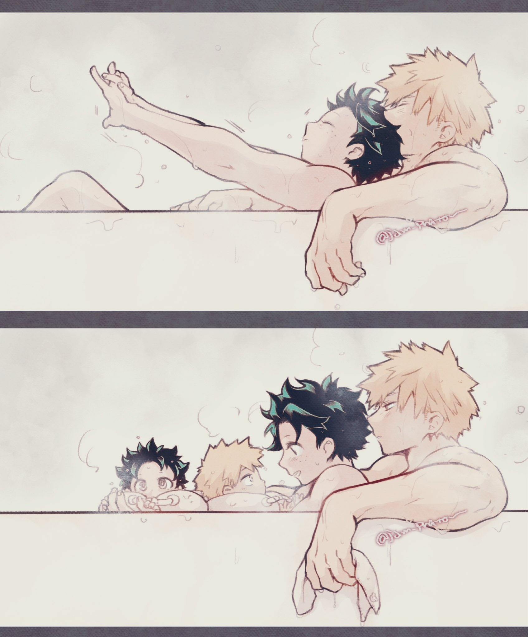 jam praton, bakugou katsuki, midoriya izuku, boku no hero academia, male, 2koma, baby, bakudeku, bath, bathing, bathtub, blonde hair, comic, curly hair, familt, freckles, green hair, lying on person, nude, omegaverse, spiked hair, toddler, yaoi