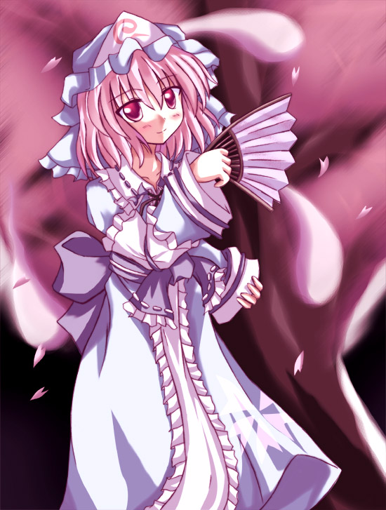 tokiniwa, saigyouji yuyuko, touhou, 1girl, arm garter, female focus, floating, folding fan, frills, ghost, hand fan, hat, japanese clothes, looking at viewer, mob cap, pink eyes, pink hair, plant, short hair, solo, tree, triangular headpiece, wide sleeves