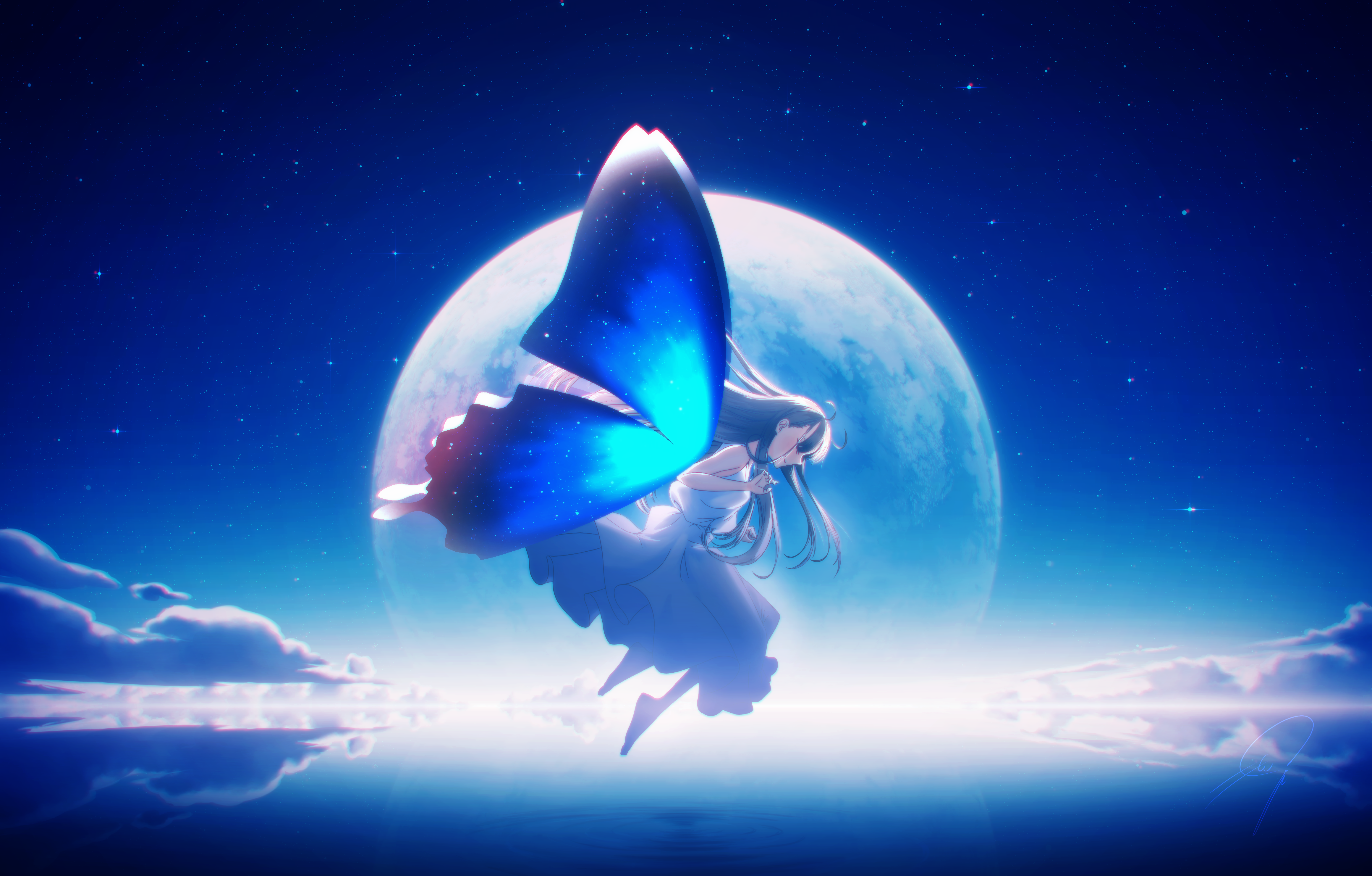 nengoro, original, absurdres, commentary, commentary request, english commentary, highres, mixed-language commentary, 1girl, barefoot, black hair, blue wings, butterfly wings, closed eyes, closed mouth, cloud, dress, floating hair, from side, full body, full moon, glowing, glowing wings, hands up, insect wings, long hair, moon, night, night sky, reflection, reflective water, ripples, scenery, signature, sky, sleeveless, sleeveless dress, solo, star (sky), starry sky, white dress, wings