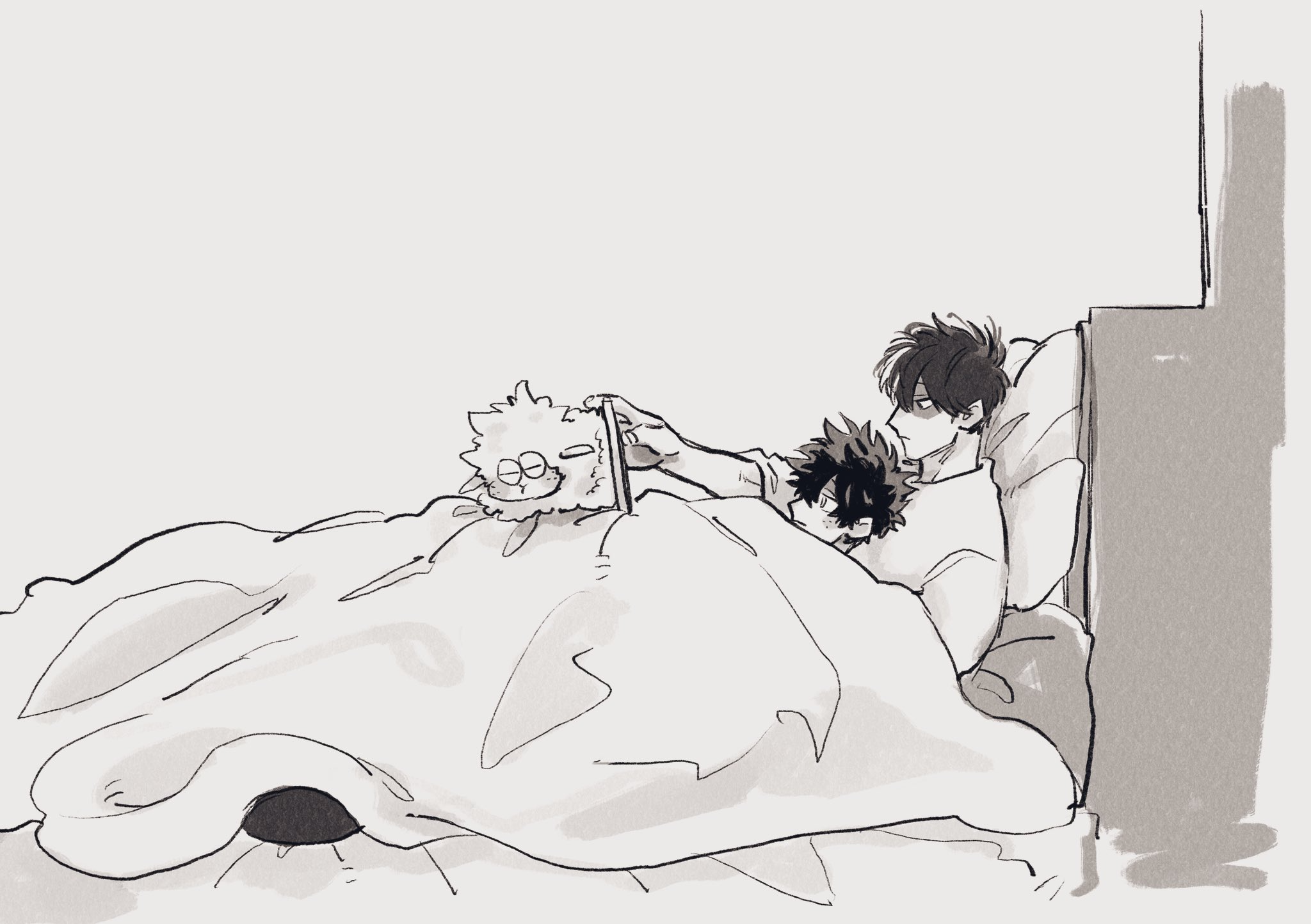 midoriya izuku, todoroki shoto, boku no hero academia, bedroom, blanket, cat, cat tail, cellphone, dekusheep, lying, phone, sheep, shoutocat, sleeping, sxynyz, tail, tododeku