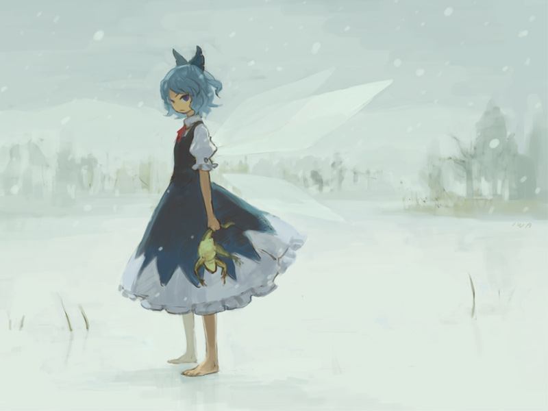 iwamoto zerogo, cirno, perfect cherry blossom, touhou, 1girl, barefoot, bow, dress, female focus, frog, hair bow, ice, nature, outdoors, short hair, sky, snow, snowing, solo, wings