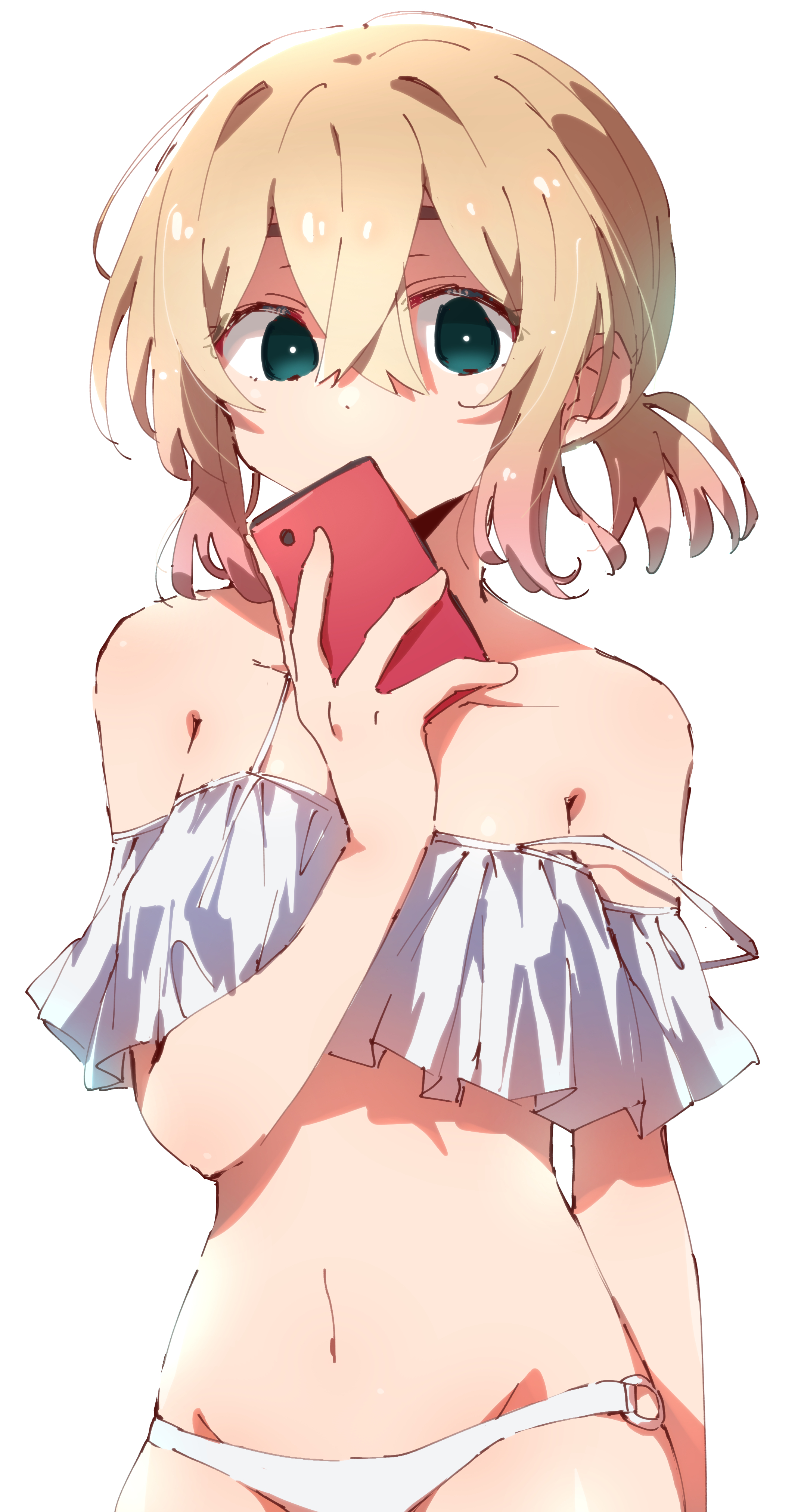 nyaa (nnekoron), nanami mami, kanojo okarishimasu, absurdres, commentary request, highres, 1girl, bikini, blonde hair, covering own mouth, green eyes, hair between eyes, holding, holding phone, looking at viewer, navel, phone, short hair, simple background, solo, strap slip, swimsuit, upper body, white background, white bikini