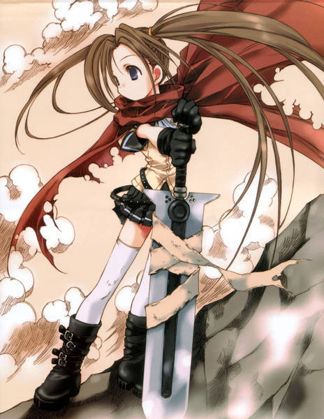 nanase aoi, melty bagle, petit monster, 1girl, bandages, black gloves, blue eyes, boots, brown hair, cloak, cloud, female focus, gloves, miniskirt, skirt, sky, solo, standing, sword, thighhighs, torn clothes, twintails, weapon, white thighhighs, zettai ryouiki