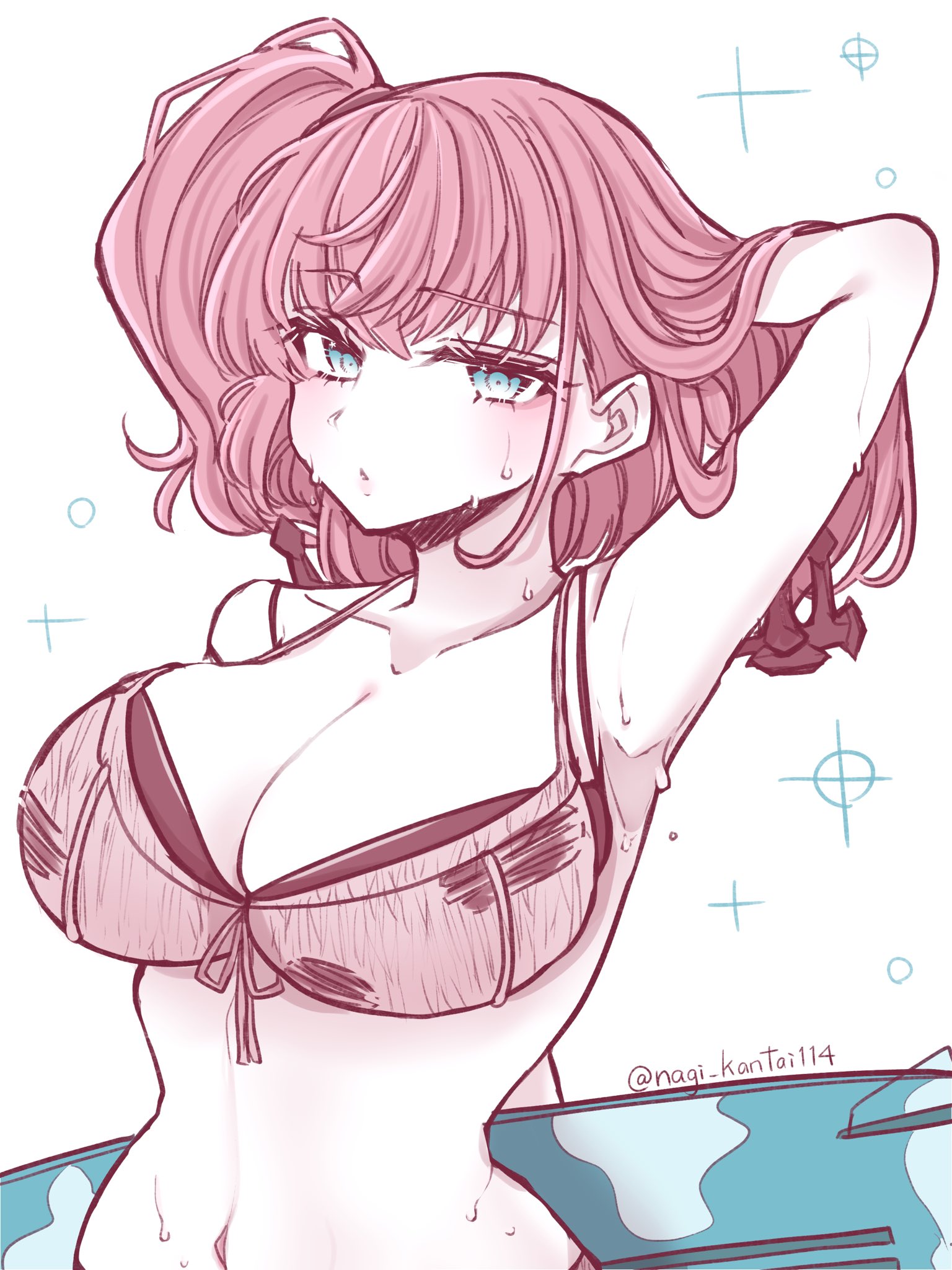 nagi kantai114, atlanta (kancolle), atlanta (swimsuit) (kancolle), kantai collection, commentary request, highres, 1girl, anchor hair ornament, arm up, armpits, bikini, breasts, cleavage, hair ornament, hand in own hair, large breasts, limited palette, looking at viewer, one-hour drawing challenge, parted lips, simple background, solo, sparkle, surfboard, swimsuit, twitter username, upper body, wet