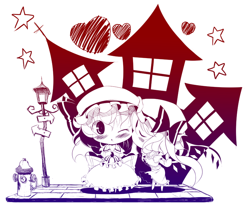 takahero, flandre scarlet, remilia scarlet, touhou, 2girls, blush, chibi, female focus, heart, kiss, monochrome, multiple girls, purple theme, siblings, sisters, star (symbol), wings