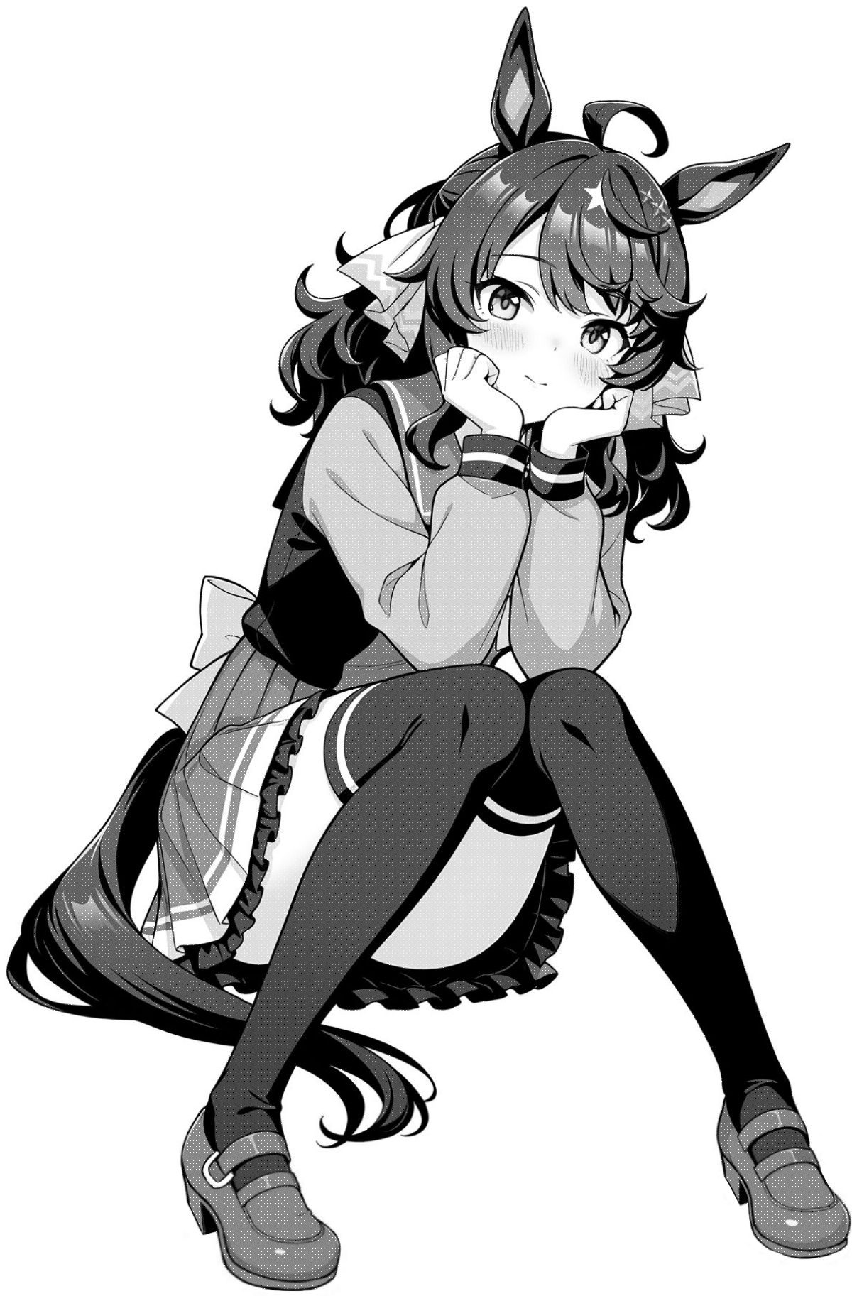 akagi koku, daring tact (umamusume), umamusume, commentary, highres, 1girl, ahoge, animal ears, back bow, blush, bow, closed mouth, frilled skirt, frills, full body, greyscale, head rest, horse ears, horse girl, horse tail, knees together feet apart, knees up, long hair, long sleeves, looking at viewer, monochrome, pleated skirt, sailor collar, school uniform, shirt, shoes, simple background, sitting, skirt, smile, solo, tail, thighhighs, tracen school uniform
