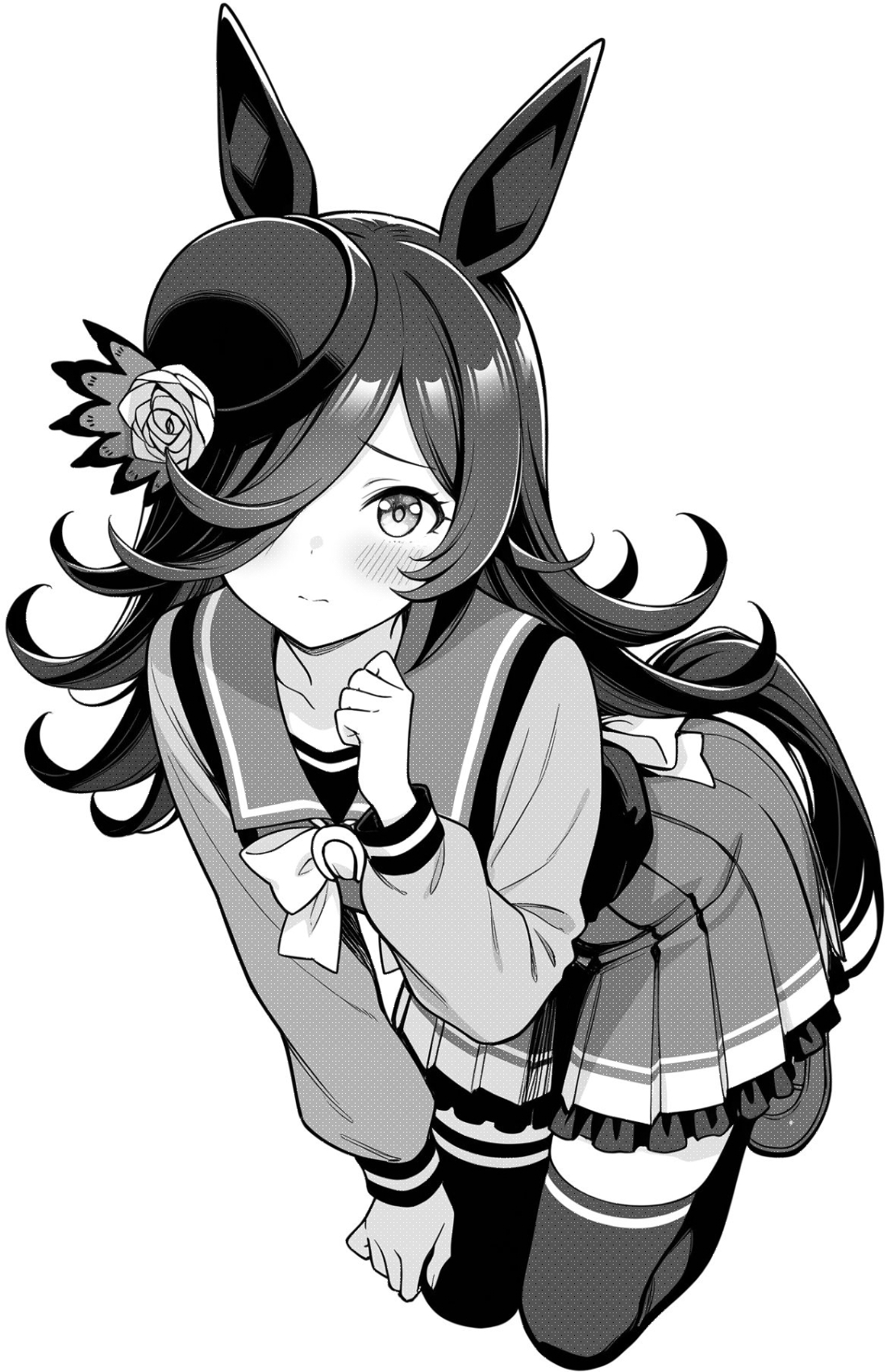 akagi koku, rice shower (umamusume), umamusume, commentary, highres, 1girl, animal ears, back bow, blush, bow, bowtie, closed mouth, frilled skirt, frills, full body, greyscale, hair over one eye, hand up, hat, horse ears, horse girl, horse tail, long hair, long sleeves, looking at viewer, monochrome, pleated skirt, sailor collar, school uniform, shirt, shoes, simple background, skirt, solo, tail, thighhighs, tracen school uniform, zettai ryouiki