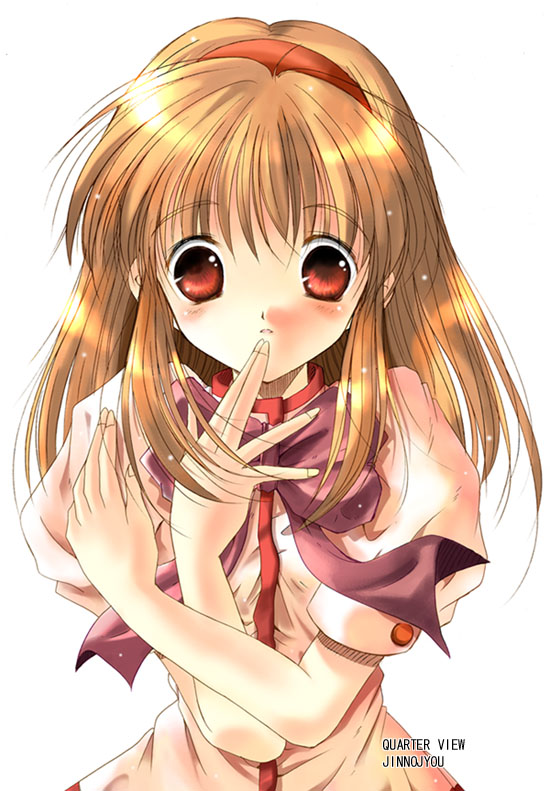 watari masahito, tsukimiya ayu, kanon, 1girl, blonde hair, blush, bow, circle name, female focus, hairband, long hair, parted lips, pink bow, puffy sleeves, red eyes, school uniform, serafuku, short sleeves, solo, white background
