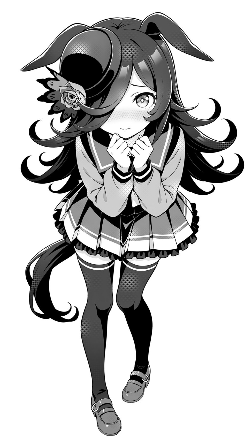 akagi koku, rice shower (umamusume), umamusume, commentary, highres, 1girl, animal ears, blush, closed mouth, ears down, frilled skirt, frills, full body, greyscale, hands up, horse ears, horse girl, horse tail, long hair, long sleeves, looking at viewer, monochrome, pleated skirt, sailor collar, school uniform, shirt, shoes, simple background, skirt, solo, tail, thighhighs, tracen school uniform, zettai ryouiki
