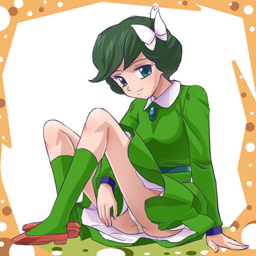 haruyama kazunori, yumi (tatakae osper), tatakae osper, lowres, dress, green eyes, green hair, kneehighs, panties, pantyshot, socks, solo, underwear