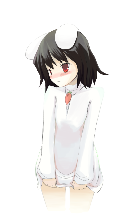 clear cross, inaba tewi, touhou, looking away, 1girl, animal ears, black hair, blush, carrot necklace, cowboy shot, female focus, jewelry, long sleeves, necklace, rabbit ears, red eyes, short hair, simple background, solo, standing, sweat, white background