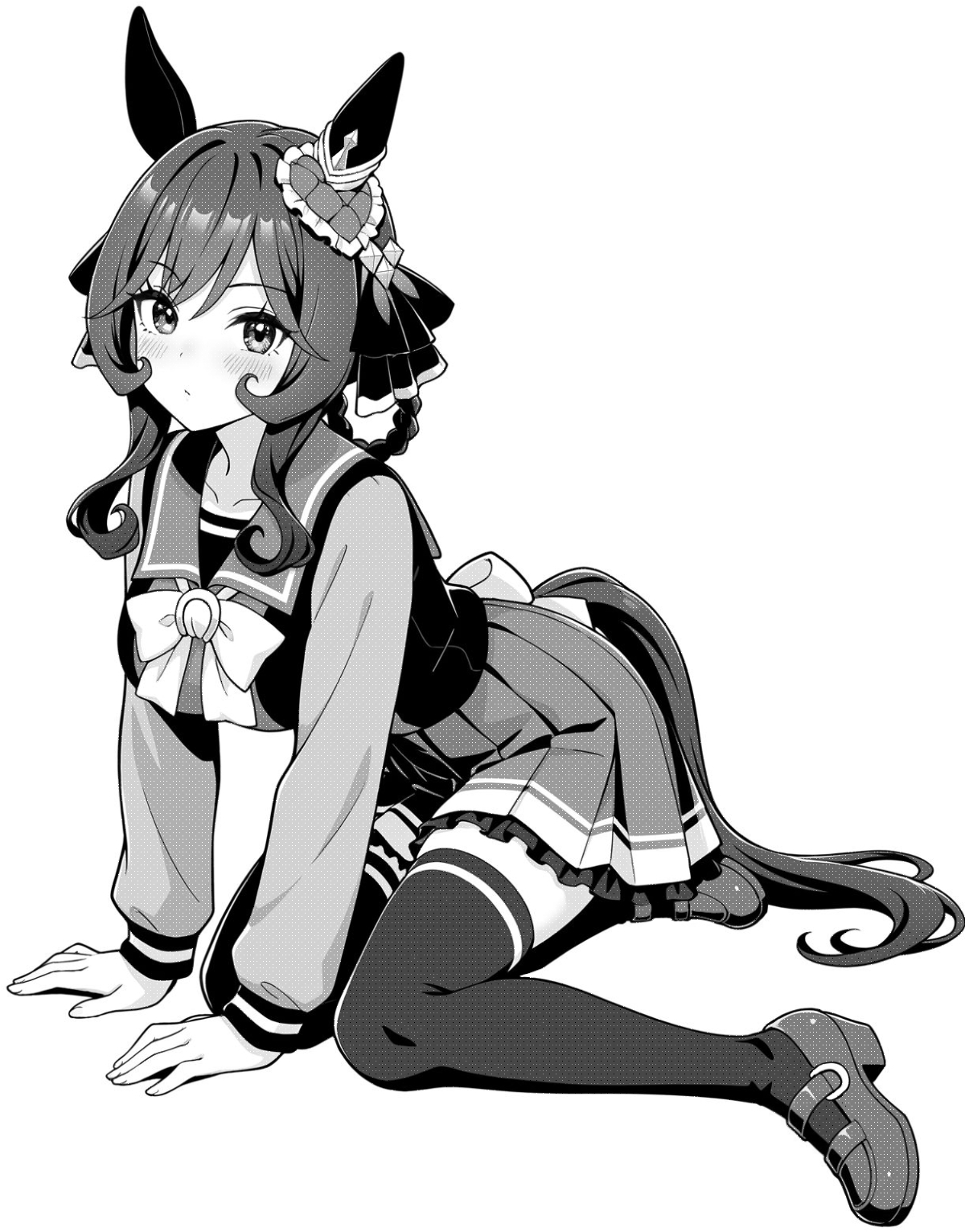 akagi koku, gentildonna (umamusume), umamusume, commentary, highres, 1girl, animal ears, back bow, blush, bow, bowtie, closed mouth, collarbone, frilled skirt, frills, full body, greyscale, hair ribbon, horse ears, horse girl, horse tail, long hair, long sleeves, looking at viewer, monochrome, pleated skirt, ribbon, sailor collar, shirt, shoes, simple background, sitting, skirt, solo, tail, thighhighs, zettai ryouiki