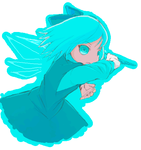 clear cross, cirno, touhou, 1girl, blue dress, blue eyes, blue hair, crystal, dress, female focus, flying, ice, ice wings, long sleeves, looking at viewer, matching hair/eyes, sitting, solo, white background, wings