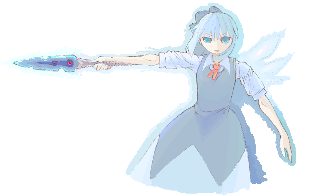 clear cross, cirno, touhou, 1girl, blouse, collared shirt, cowboy shot, dress, female focus, outline, pinafore dress, shirt, simple background, sleeveless, sleeveless dress, solo, sword, weapon, white background, white shirt