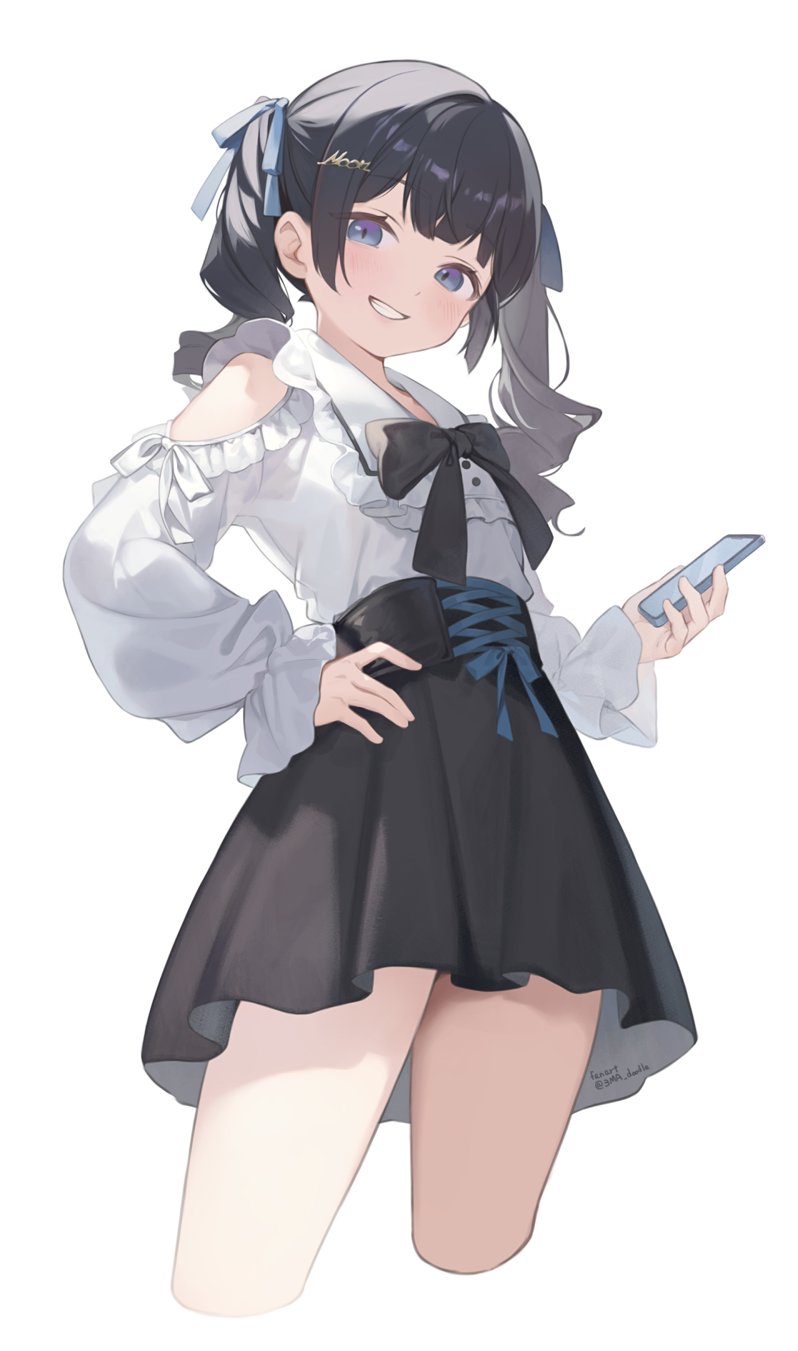 3ma doodle, tsukino mito, tsukino mito (jirai kei), nijisanji, highres, 1girl, black bow, black bowtie, black hair, black skirt, blue eyes, bow, bowtie, cellphone, clothing cutout, cropped legs, grin, hair ornament, hair ribbon, hairclip, high-waist skirt, holding, holding phone, jirai kei, long sleeves, looking at viewer, official alternate costume, phone, ribbon, shirt, shoulder cutout, simple background, skirt, smartphone, smile, solo, twintails, virtual youtuber, white background, white shirt