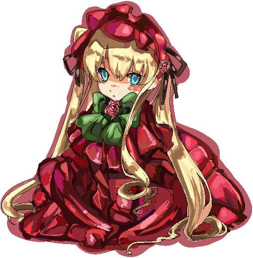 hamamo, shinku, rozen maiden, 00s, blonde hair, blue eyes, bonnet, bow, flower, hair bow, hat, long hair, rose, sitting, solo, transparent background, twintails