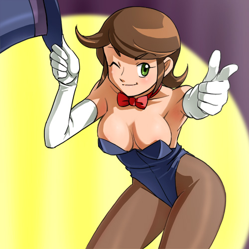 haruyama kazunori, akitsu michi, ginguiser, lowres, 1970s (style), 1girl, bow, bowtie, breasts, elbow gloves, female focus, gloves, hat, hat tip, magician, magician's hat, medium breasts, nipple slip, nipples, oldschool, pantyhose, retro artstyle, solo, top hat, white gloves