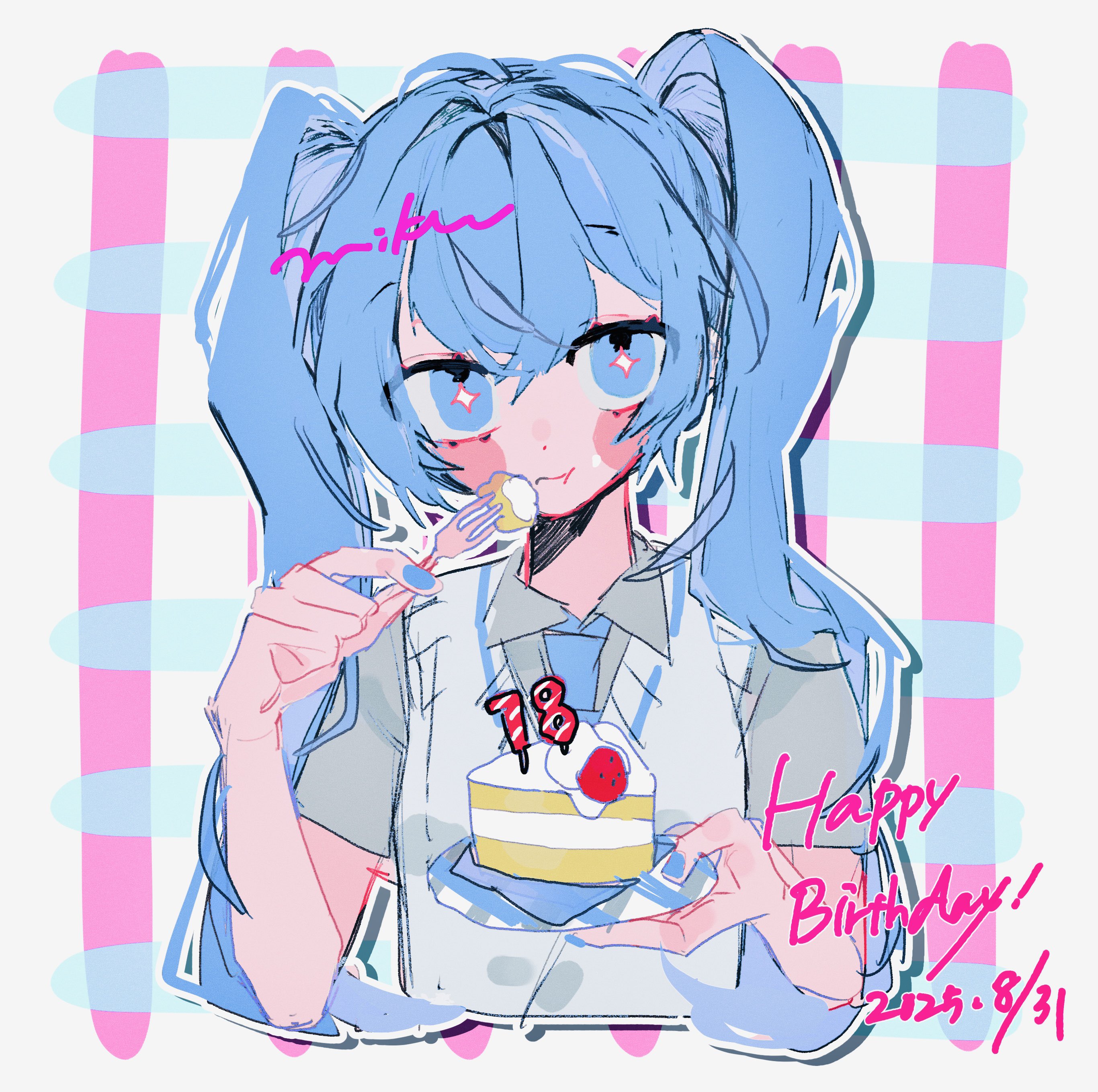 hinoki (yesfish1117), hatsune miku, vocaloid, absurdres, highres, 1girl, :t, blue eyes, blue hair, blue necktie, blush stickers, cake, cake slice, character name, closed mouth, collared shirt, cropped torso, dated, drop shadow, food, fork, grey shirt, happy birthday, holding, holding fork, holding plate, long hair, looking at viewer, necktie, outline, plate, shirt, short sleeves, solo, sweater vest, twintails, upper body
