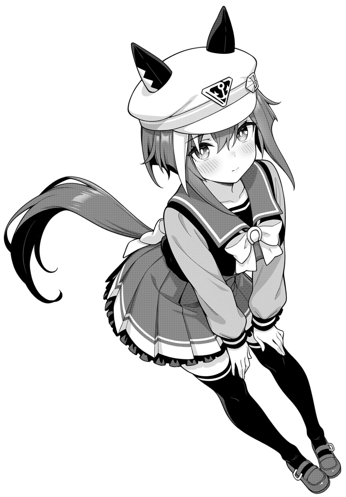 akagi koku, cheval grand (umamusume), umamusume, commentary, highres, 1girl, back bow, blush, bow, bowtie, closed mouth, collarbone, ears through headwear, frilled skirt, frills, full body, greyscale, hair between eyes, hat, horse girl, long sleeves, looking at viewer, monochrome, pleated skirt, sailor collar, shirt, shoes, short hair, simple background, skirt, solo, standing, thighhighs, zettai ryouiki