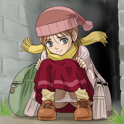 haruyama kazunori, gerda (the snow queen), the snow queen, screencap, lowres, 00s, backpack, bag, hat, panties, randoseru, scarf, solo, underwear