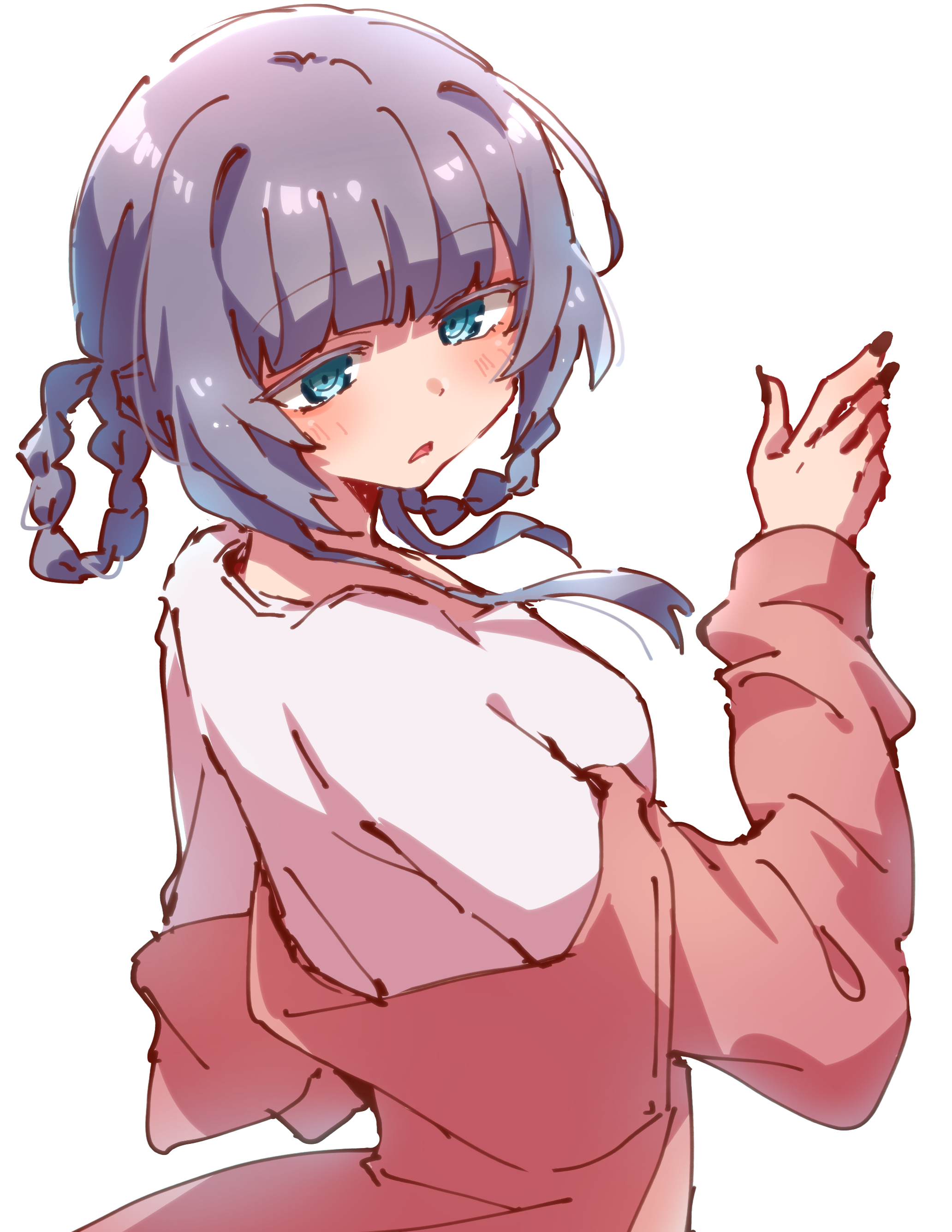 nyaa (nnekoron), nanakusa nazuna (yofukashi no uta), yofukashi no uta, absurdres, commentary request, highres, 1girl, black nails, blue eyes, braid, braided hair rings, dress, grey hair, hair rings, jacket, long sleeves, off shoulder, parted lips, pink jacket, ringed eyes, simple background, solo, upper body, white background, white dress