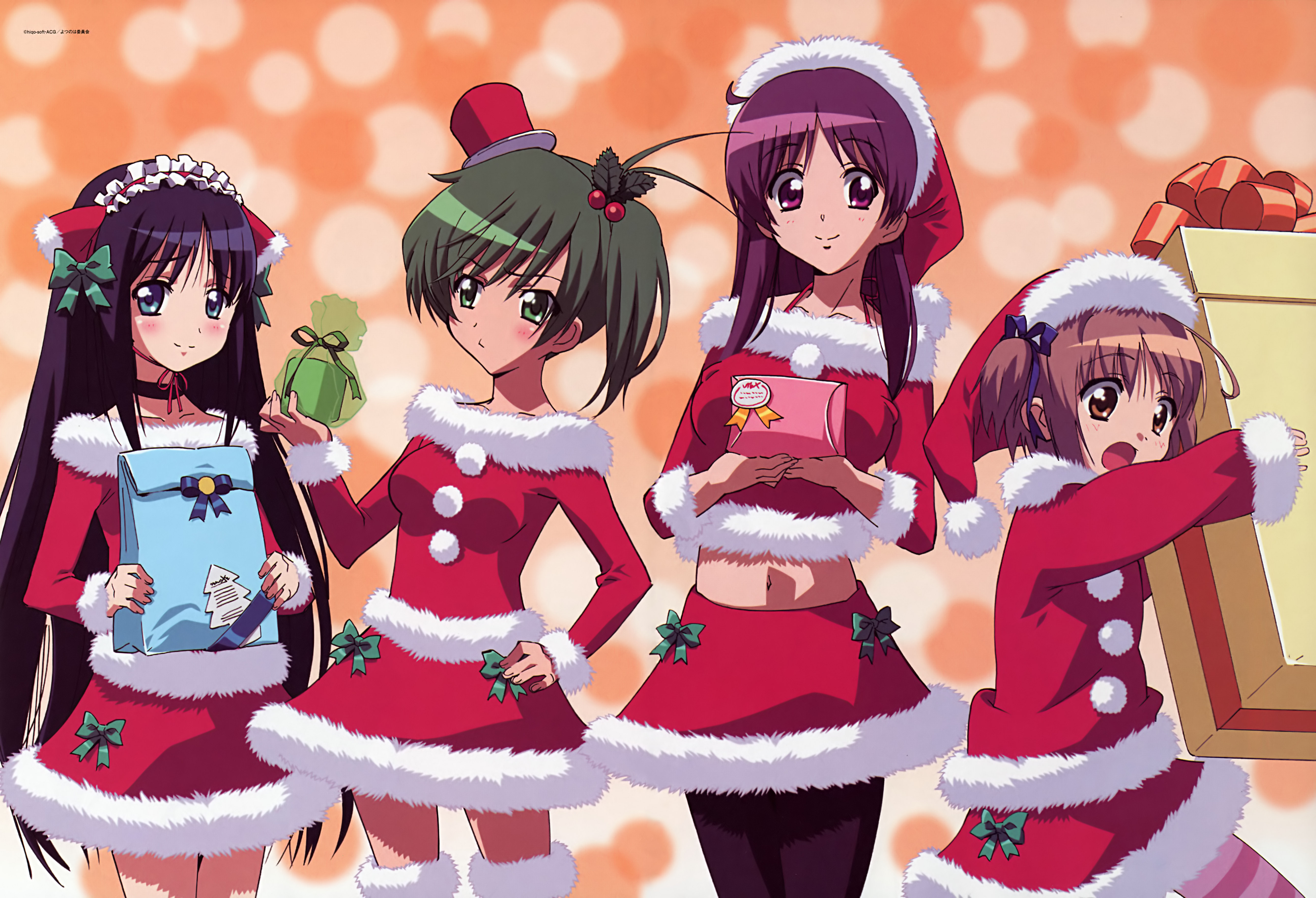 amachi matsuri, nekomiya nono, yuki arisa, yuzuki iori, yotsunoha, black legwear, striped legwear, absurdres, highres, scan, 00s, 4girls, blue eyes, blush, bow, box, brown eyes, brown hair, choker, christmas, gift, green eyes, green hair, hair bow, hair ornament, hairband, hand on own hip, hat, holding, holding gift, holly hair ornament, lolita hairband, long hair, midriff, mini hat, mini top hat, multiple girls, pantyhose, pom pom (clothes), purple eyes, purple hair, santa costume, santa hat, side ponytail, skirt, smile, striped clothes, striped pantyhose, top hat, twintails, very long hair