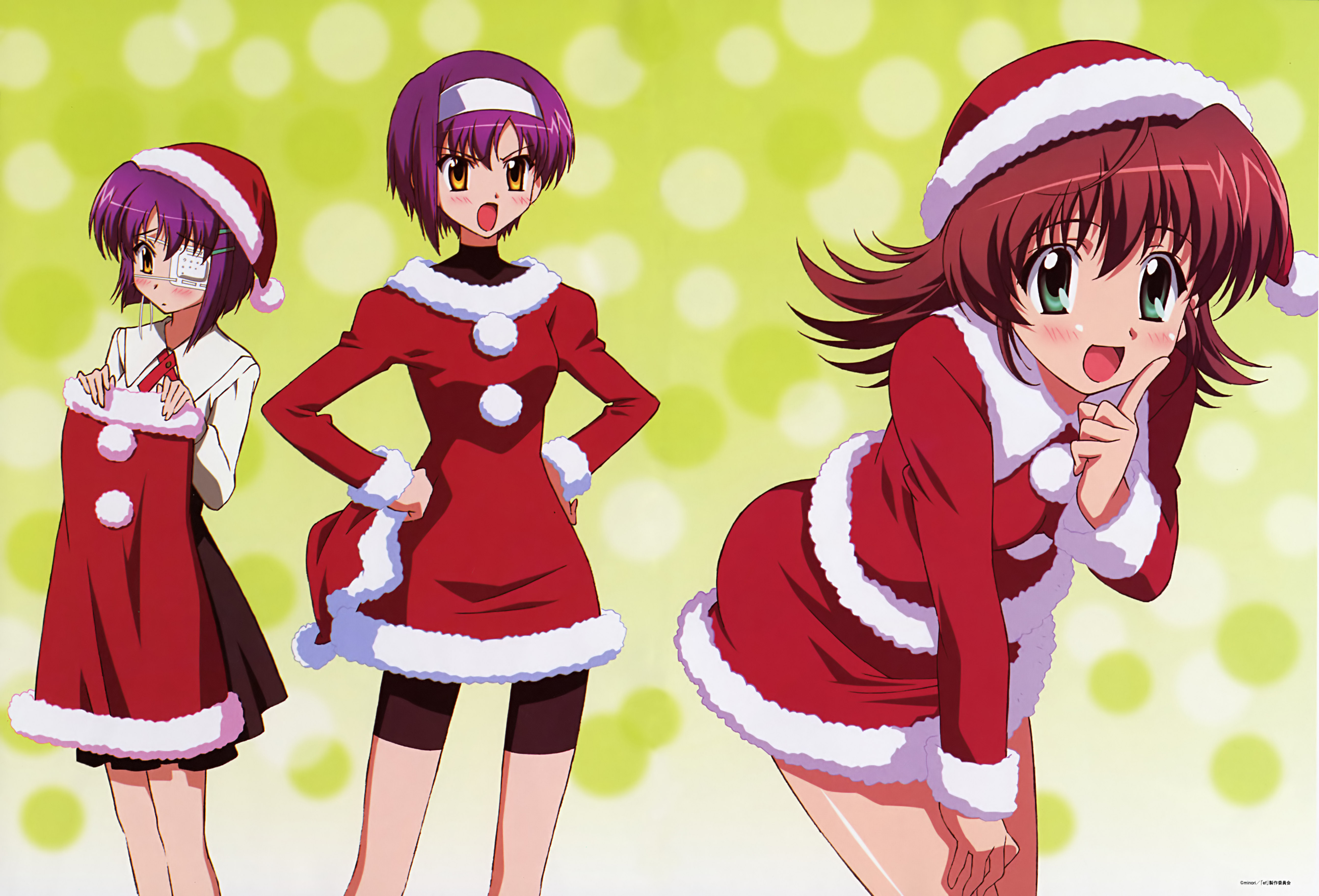 sugiyama nobuhiro, miyamura miyako, shindou chihiro, shindou kei (ef), ef (visual novel), absurdres, highres, scan, 00s, 3girls, christmas, eyepatch, multiple girls, santa costume, siblings, sisters, twins