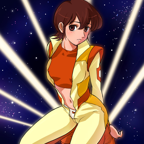 haruyama kazunori, godmars, hyuga mika, rokushin gattai godmars, pilot suit, 1980s (style), lowres, 1girl, breasts, brown eyes, brown hair, covered erect nipples, female focus, oldschool, panties, pantyshot, retro artstyle, short hair, small breasts, solo, underwear, unzipped, white panties