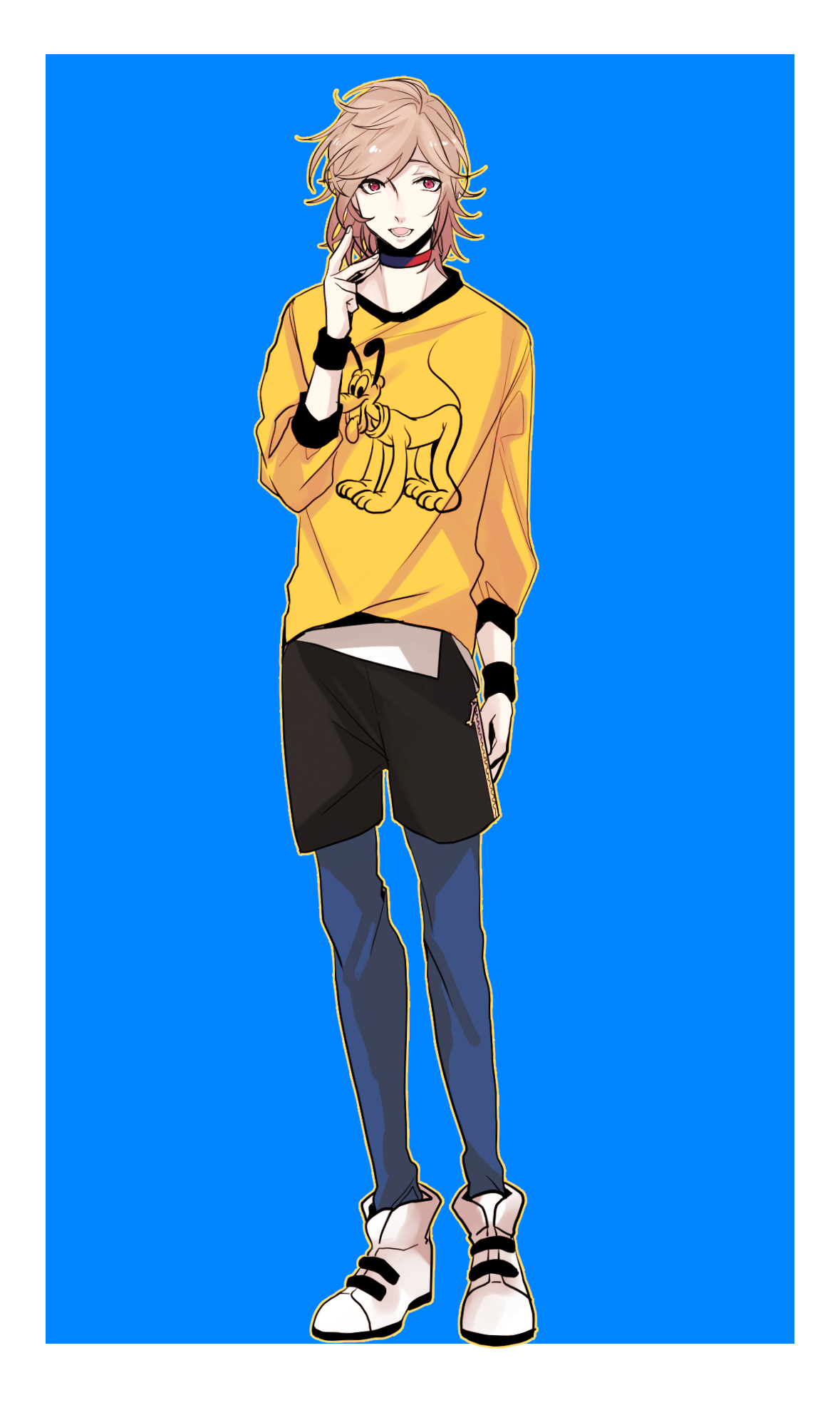 pluto (disney), disney, original, skinny jeans, commentary, highres, 1boy, arm at side, black shorts, blue background, border, brown hair, choker, dated commentary, full body, hand up, k2053343, long sleeves, looking at viewer, male focus, medium hair, open mouth, outline, pants under shorts, print shirt, red choker, red eyes, shirt, shorts, solo, standing, v, white border, wristband, yellow outline, yellow shirt