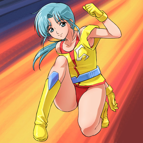 haruyama kazunori, reni ai, ninja senshi tobikage, 1980s (style), lowres, 1girl, armpits, belt, blue eyes, blue hair, boots, female focus, gloves, leotard, matching hair/eyes, oldschool, panties, pantyshot, ponytail, red panties, retro artstyle, smile, solo, underwear, yellow boots