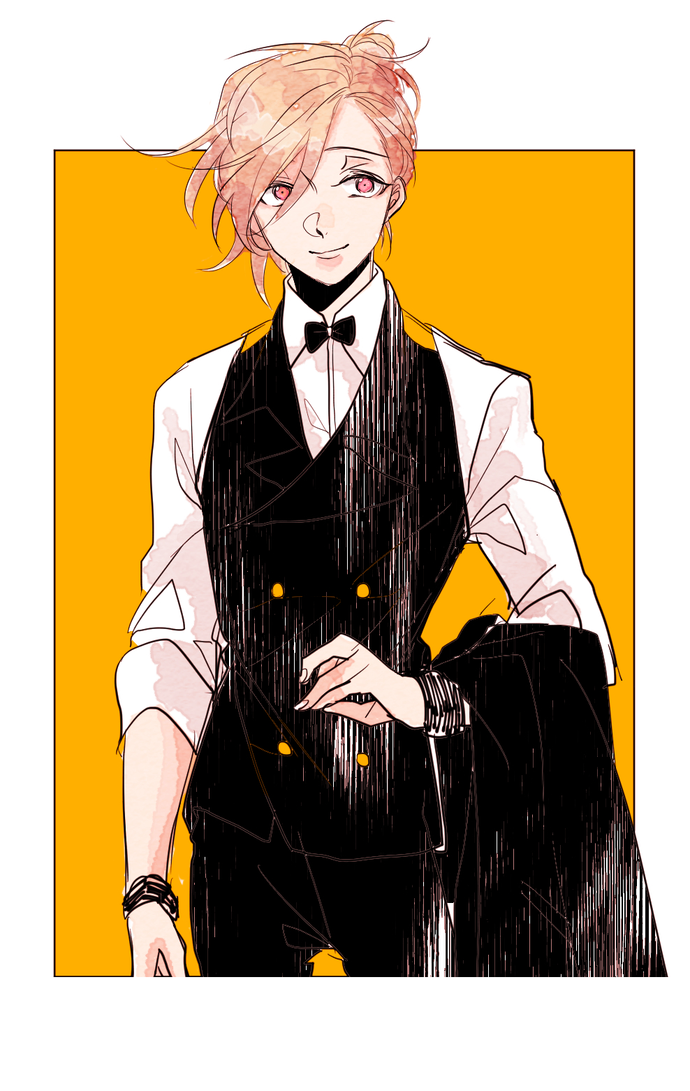 original, commentary, highres, 1boy, black bow, black bowtie, black vest, border, bow, bowtie, brown hair, collared shirt, dated commentary, jacket on arm, k2053343, long sleeves, male focus, mini bowtie, orange background, outside border, red eyes, shirt, short hair, smile, solo, updo, upper body, vest, waistcoat, waiter, white border, white shirt, wristband