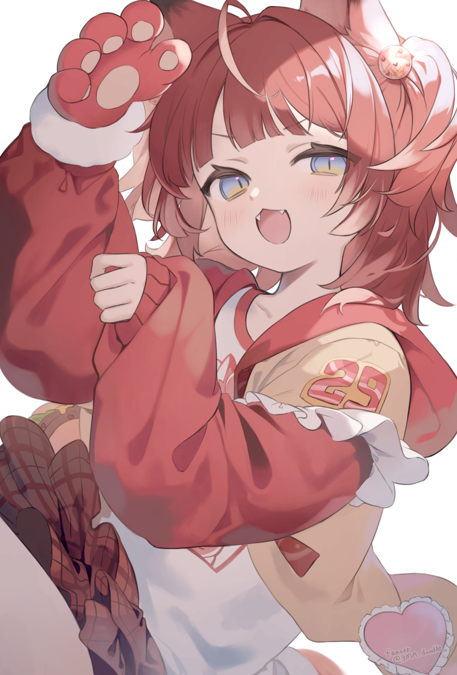 3ma doodle, akami karubi, crazy raccoon, highres, 1girl, ahoge, animal ears, animal hands, blue eyes, bobbles, fangs, gloves, hood, hooded jacket, jacket, long sleeves, looking at viewer, open mouth, paw gloves, plaid clothes, plaid skirt, pleated skirt, puffy long sleeves, puffy sleeves, raccoon ears, raccoon girl, red hair, red skirt, shirt, short hair, single glove, skirt, solo, two side up, virtual youtuber, white shirt