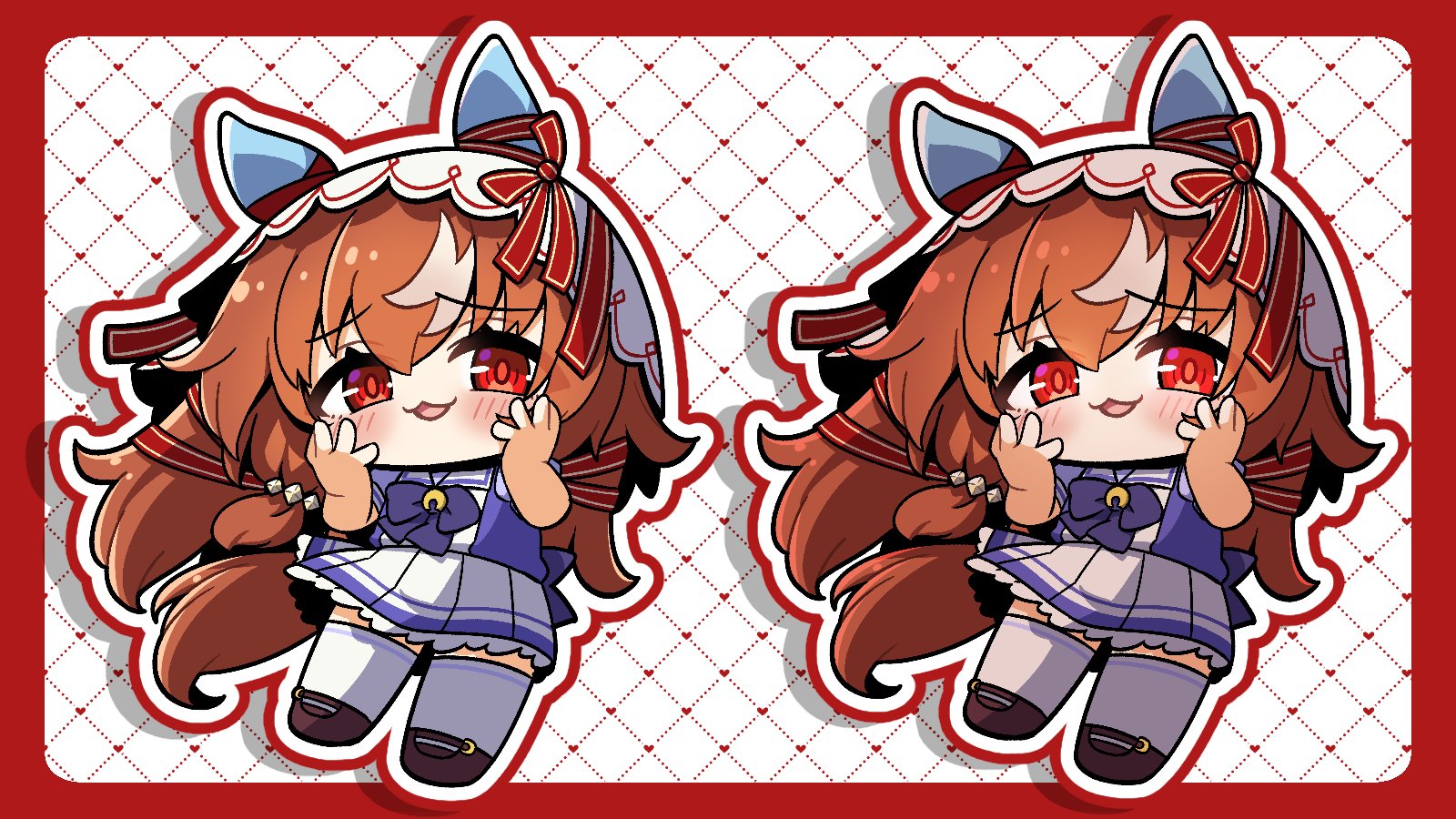 plover, still in love (umamusume), umamusume, commentary request, highres, 1girl, :3, animal ears, blush, border, bow, bowtie, brown shoes, chibi, chibi only, drop shadow, full body, grid background, hands up, heart, heart background, horse ears, horse girl, horse tail, long hair, looking at viewer, multiple views, open mouth, orange hair, outside border, pleated skirt, purple bow, purple bowtie, purple shirt, red border, red eyes, sailor collar, school uniform, shirt, shoes, short sleeves, skirt, smile, standing, summer uniform, tail, thighhighs, tracen school uniform, white background, white sailor collar, white skirt, white thighhighs, zettai ryouiki