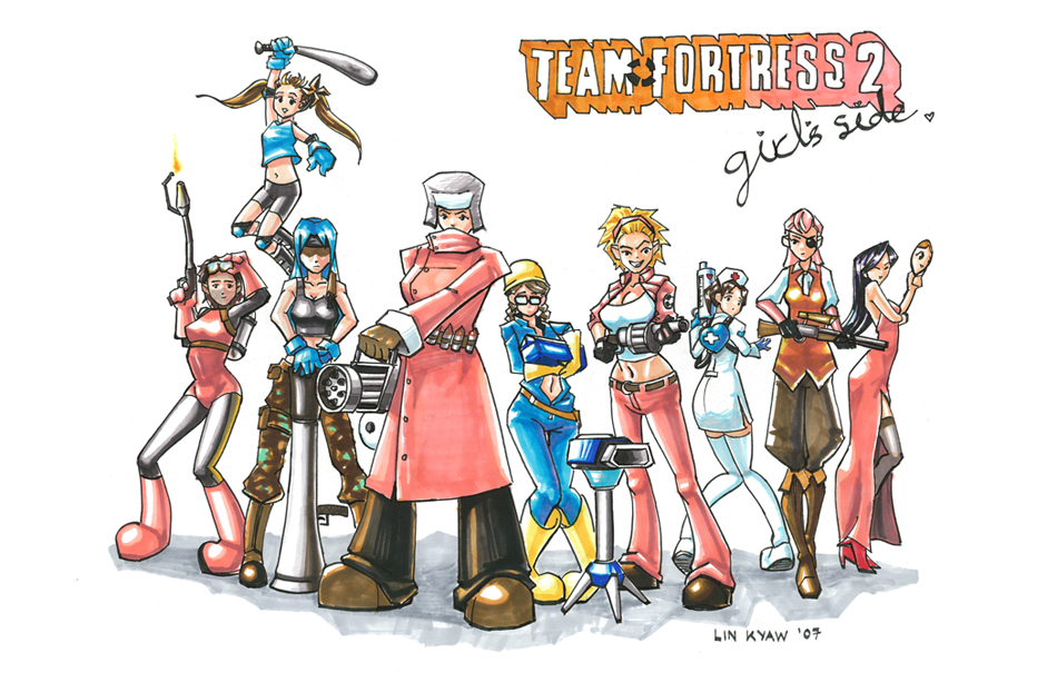blu engineer (tf2), blu medic (tf2), blu scout (tf2), blu soldier (tf2), demoman (tf2), engineer (tf2), heavy (tf2), medic (tf2), pyro (tf2), red demoman (tf2), red heavy (tf2), red pyro (tf2), red sniper (tf2), red spy (tf2), scout (tf2), sniper (tf2), soldier (tf2), spy (tf2), team fortress 2, black legwear, silver hair, artist request, 6+girls, androgynous, ass, baseball bat, belt, blonde hair, blue bodysuit, blue eyes, bodysuit, brown eyes, buckle, coat, cowboy western, cross, dress, everyone, flamethrower, from behind, genderswap, genderswap (mtf), green eyes, holding, holding baseball bat, holding flamethrower, holding weapon, long sleeves, looking at viewer, multiple girls, red cross, red dress, short hair, simple background, spiked hair, valve, white background
