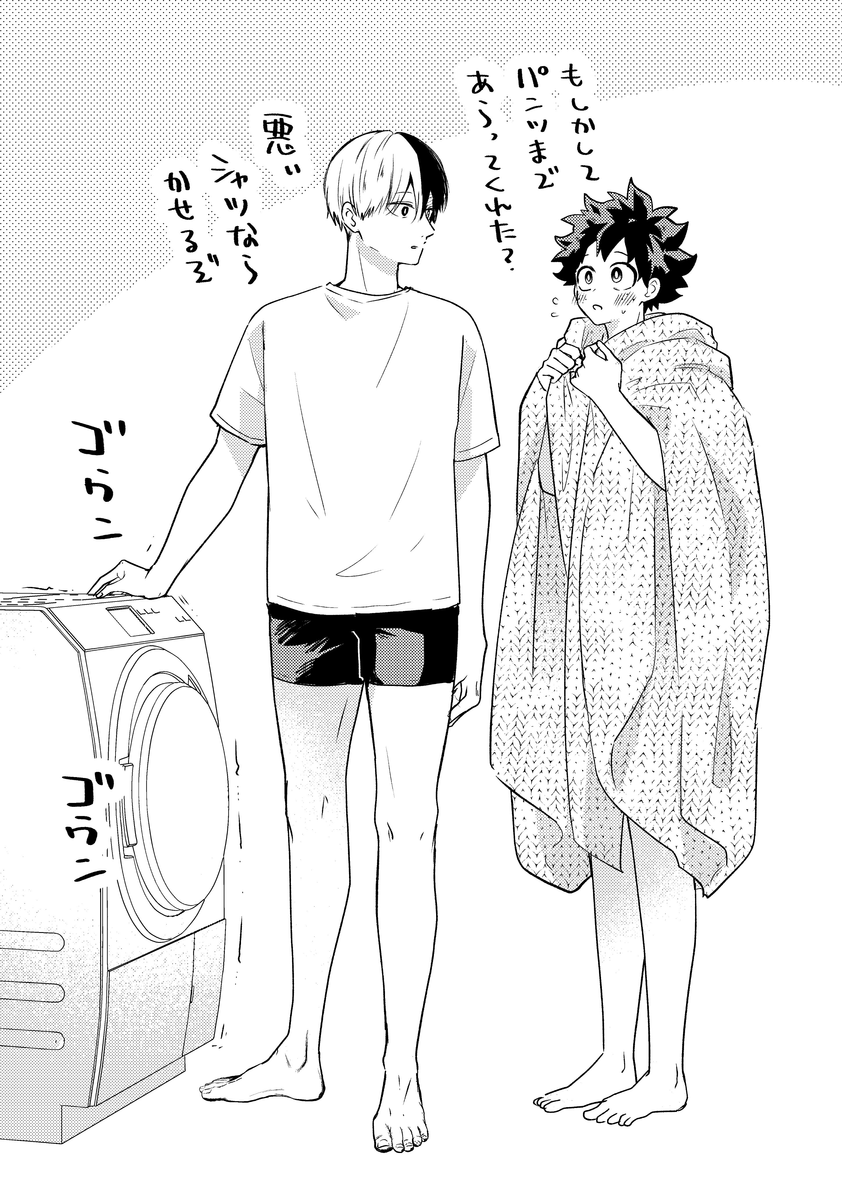 midoriya izuku, todoroki shoto, boku no hero academia, barefoot, blush, freckles, laundry, legs, moko mokomm, nude, scar, shirt, shorts, tododeku, towel