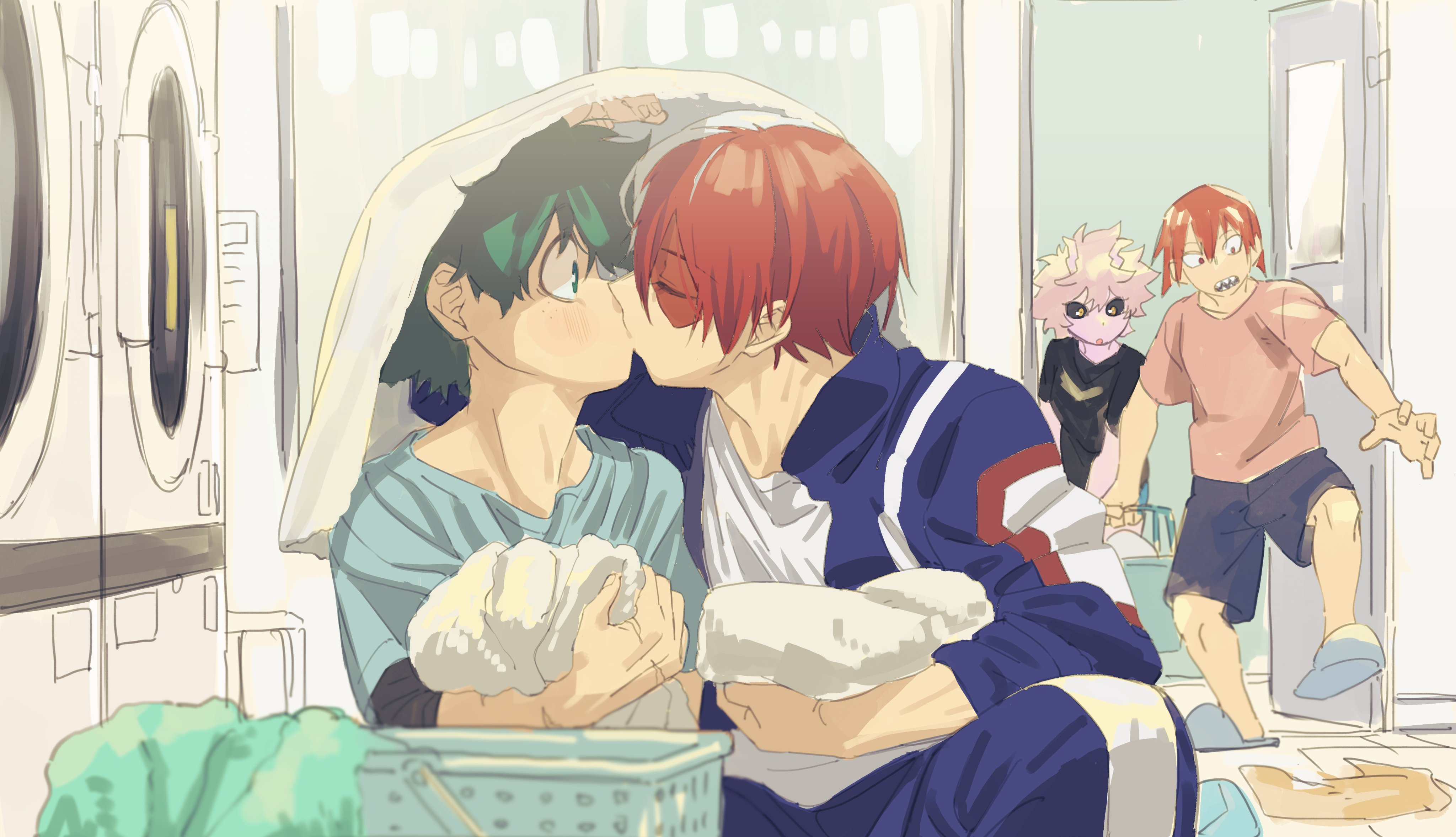 ashido mina, kirishima eijirou, midoriya izuku, todoroki shoto, boku no hero academia, bent over, colored skin, curly hair, dirty, dirty clothes, freckles, green hair, ika mkai, kiss, laundry, laundry basket, multicolored hair, pink hair, pink skin, red hair, scar, shirt, shorts, tododeku, towel, two-tone hair, white hair