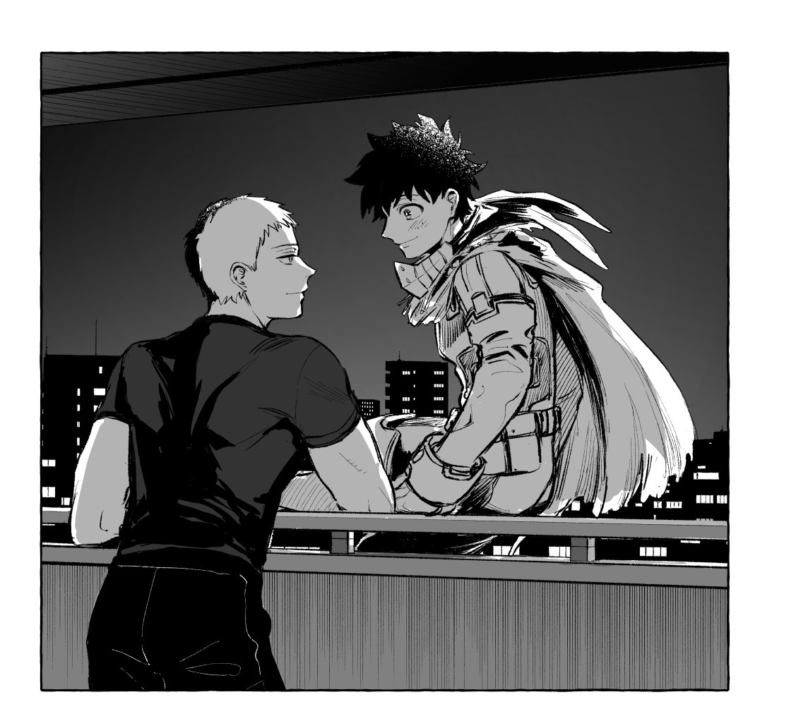 midoriya izuku, todoroki shoto, boku no hero academia, aged up, cape, coicoimomi, curly hair, freckles, looking at another, multicolored hair, shirt, sitting, smile, superhero costume, tododeku, two-tone hair, visiting room